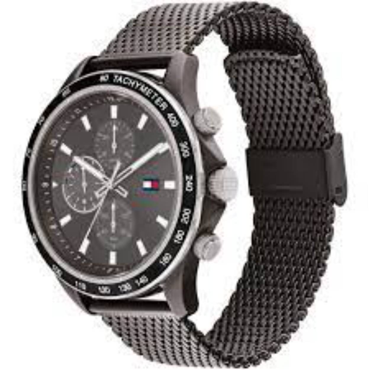 Prachtige Tommy Hilfiger horloge van de Miles serie. Mooie sportieve chronograaf met een Tachymeter en een milanese band!