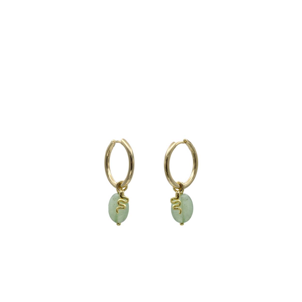 Earrings charms in silver made for women. This piece will become your best ally. Gold-plated charms earrings formed by a double motif of a smooth silver snake charm and a circular aventurine stone. Ideal to wear with the matching bracelet.