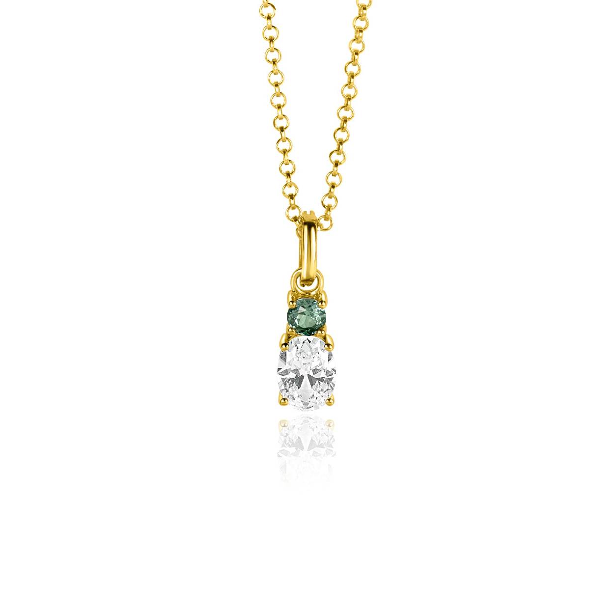 ZINZI gold plated zilveren hanger 19mm bezet met een kleine groene kleursteen en ovale witte zirconia. Het hangoog is bezet met kleine witte zirconia's. De hanger is vervaardigd van eerste gehalte zilver (925) en extra geelverguld.
