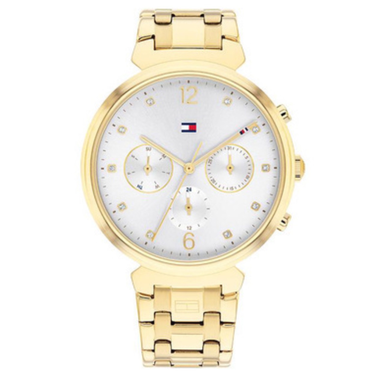 Dit Tommy Hilfiger horloge uit deIvy collectie heeft een goudkleurige band en kast. De wijzerplaat is wit en heeft glinsterende steentjes als indexen. Het horloge heeft als extra functies; dag, 24-uurs en datum aanduiding.