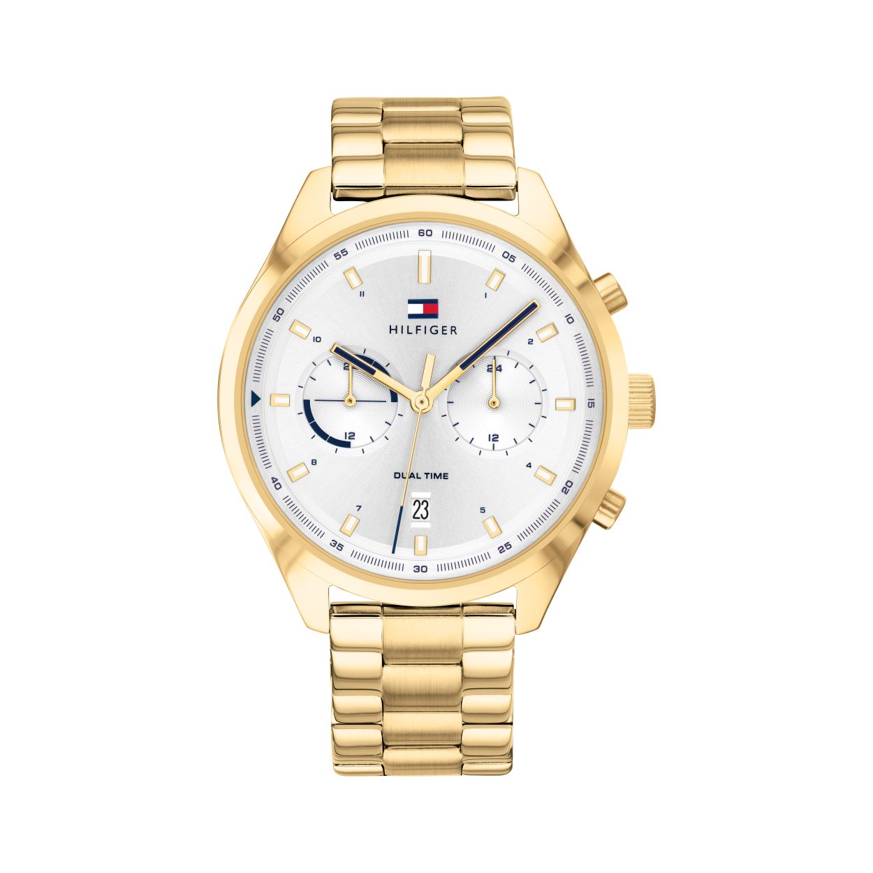 Dit casual heren horloge is van Tommy Hilfiger. Het horloge is voorzien van een stalen band en is een multifunctie. De diameter van de horlogekast is 44 mm en de hoogte 10.50 mm. Het horloge is 5 ATM waterdicht. We leveren het horloge met 2 jaar garantie.

- Mineraal glas
- Ronde kastvorm Ø 44 mm
- Hoogte horlogekast is 10.50 mm
- Waterdicht: 5 ATM
- Goudkleurige horlogekast
- Witte wijzerplaat
- Goudkleurige horlogeband