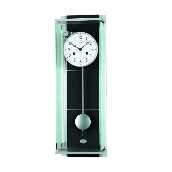 Modern vormgegeven regulateur, geschuurd aluminium met natuurlijk leisteen achterwand, mechanisch uurwerk met Bin Bam slag.