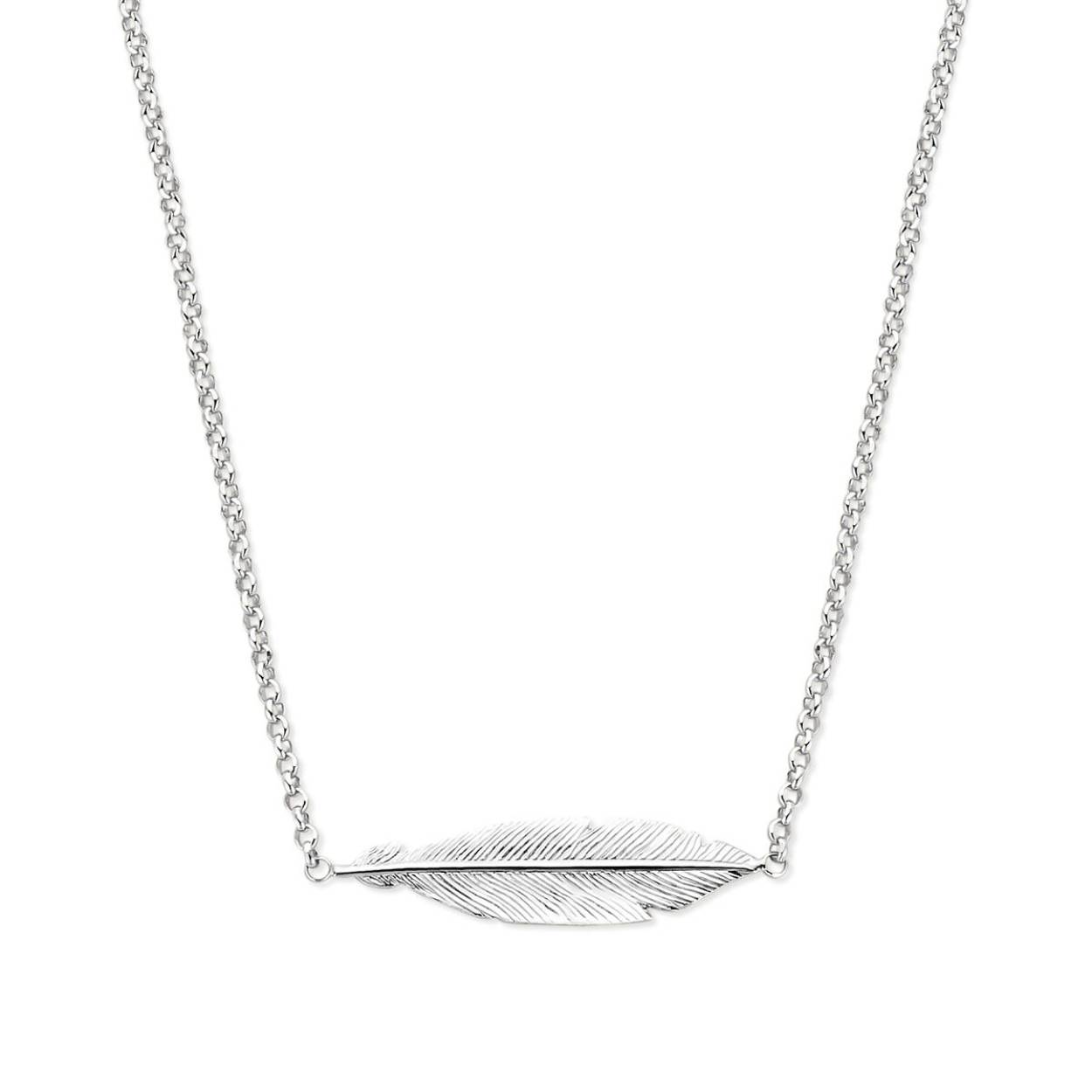 Gerhodineerd zilveren collier met een veer. Het collier is onderdeel van een set en de lengte bedraagt 40.5cm met 3cm extensie. De schakelbreedte bedraagt 1.8mm.