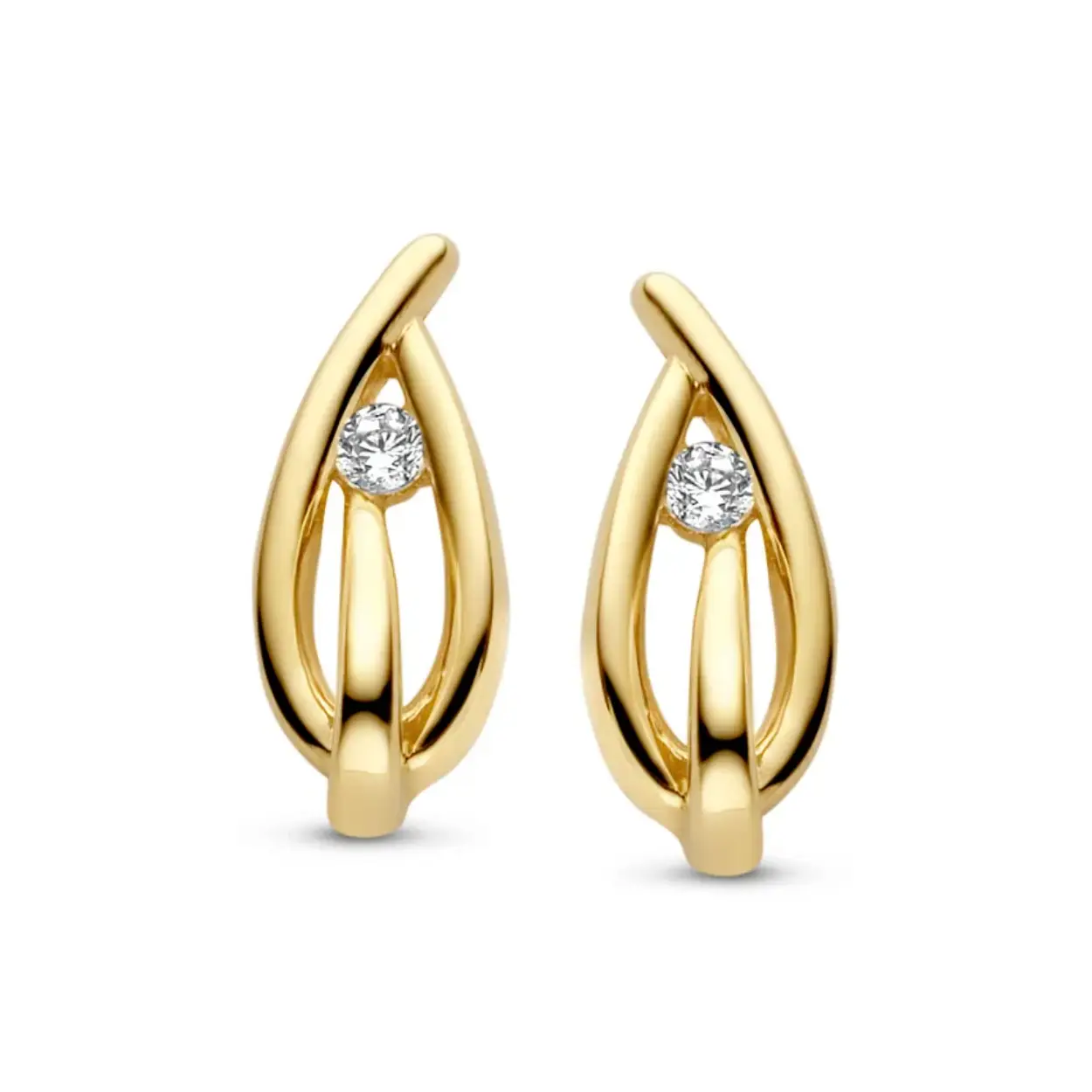 Gouden oorknoppen blaadje vorm 1x zirkonia
Lengte: 9.5 mm
Breedte: 4 mm