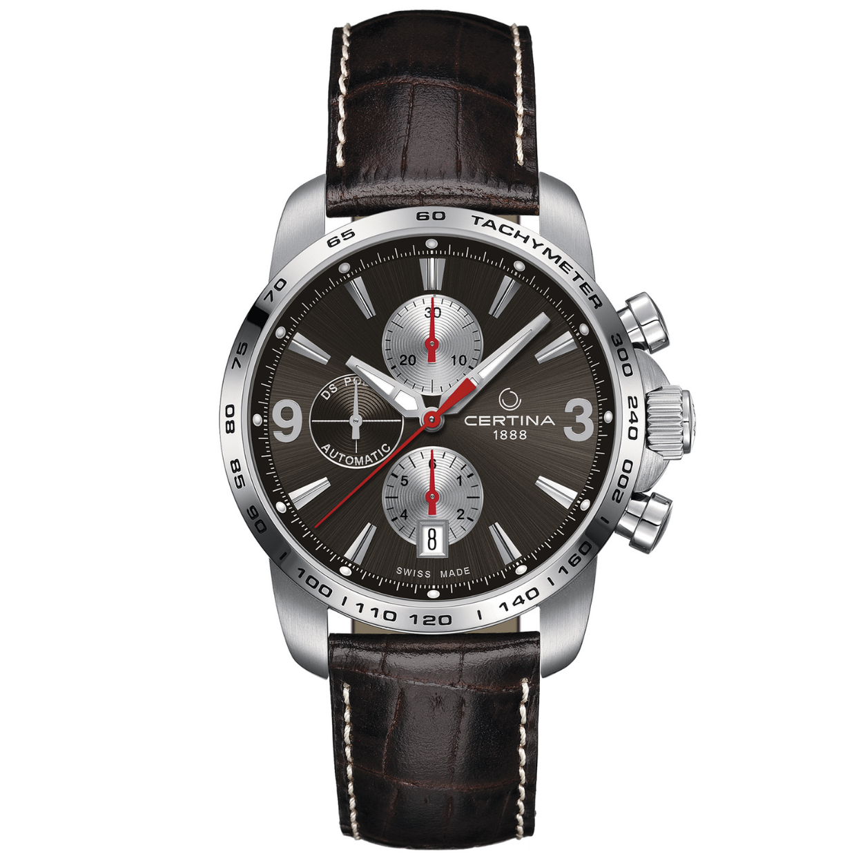 Certina DS Podium Chronograaf automaat. Door ontwikkeling van een nieuw uurwerk is het nu mogelijk om een zwitserse automaat met chronograaffunctie aan te bieden voor een zeer concurrerende prijs. Het horloge is uitgevoerd met het DS principe wat borg staat voor  de waterdichtheid en het saffierglas.