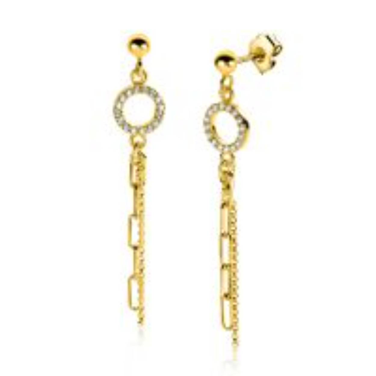 ZINZI gold plated zilveren oorstekers 46mm met bungelende paperclip en gourmet schakels, bevestigd aan een open rondje bezet met witte zirconia's. De oorstekers zijn vervaardigd van eerste gehalte zilver (925) en extra geelverguld.