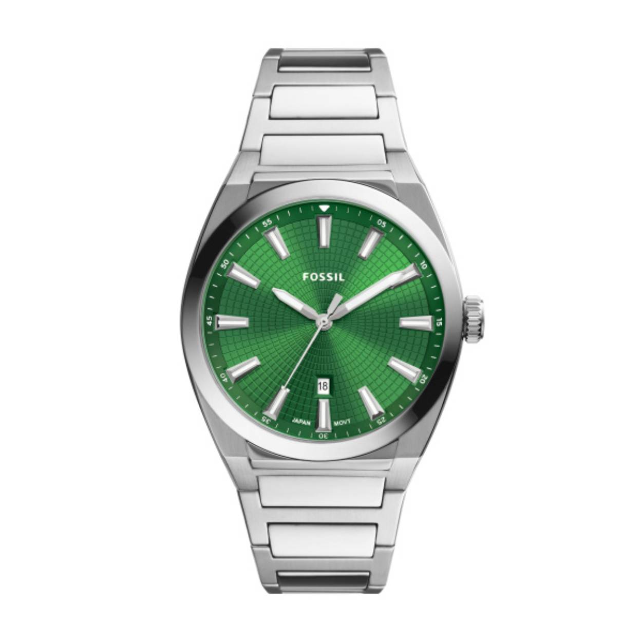 Everett roestvrij stalen horloge met drie wijzers en groene wijzerplaat.
