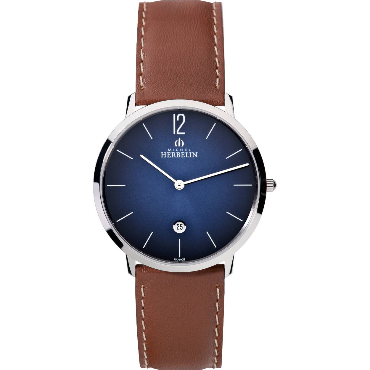 De Herbelin City 19515/15 is een elegant, urban kostuumhorloge, ontworpen volgens de Franse mode. De combinatie van een bruine leren band en een eenvoudige marineblauwe wijzerplaat met een sunray-slijpsel draagt bij aan de chique en stijlvolle uitstraling. Bovendien is het horloge voorzien van een dag-van-de-maand-datumtracker en beschermd door saffierglas. De zilveren roestvrijstalen kast herbergt een Zwitsers 704 quartz-uurwerk en de waterbestendigheid tot 30 meter beschermt het horloge tegen schade door kleine spetters, zoals bij het handen wassen.
