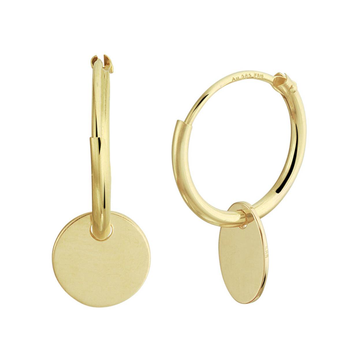 14k Geelgouden oorringen uitgevoerd met een hanger in de vorm van een rondje. De oorringen hebben een diameter van 13mm. De hanger heeft een diameter van 6.5mm.

