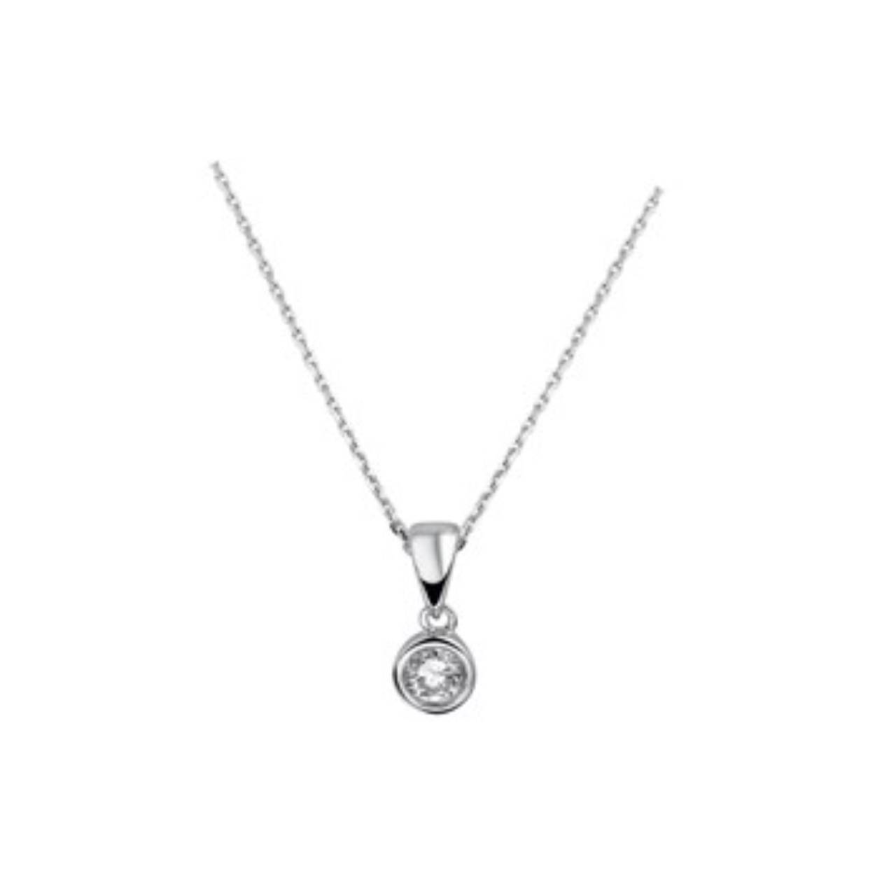 Gerhodineerd zilveren collier met  anker schakel. Aan de ketting een hanger zirkonia. De zirkonia heeft een diameter van 5 millimeter. De lengte van het collier is 41+4cm