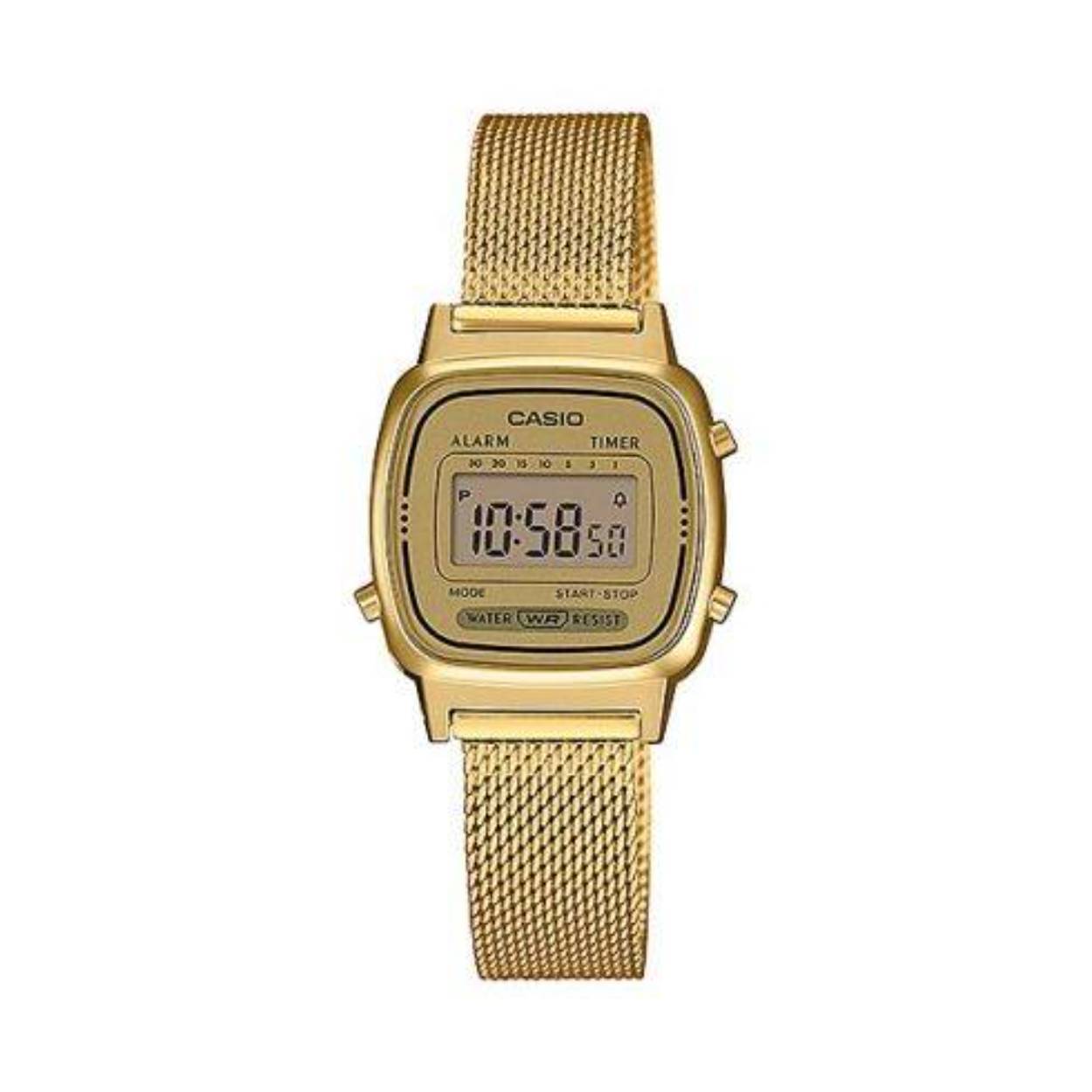 • Waterbestendig
• Alarm
• 1/10 seconden stopwatch
• Aftel-timer
• Gevlochten band