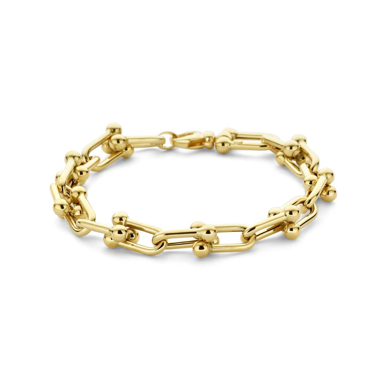 14k Geelgouden armband met een draaglengte van 19.5cm. De schakelbreedte is 9mm. Uitgevoerd met een karabijn sluiting.