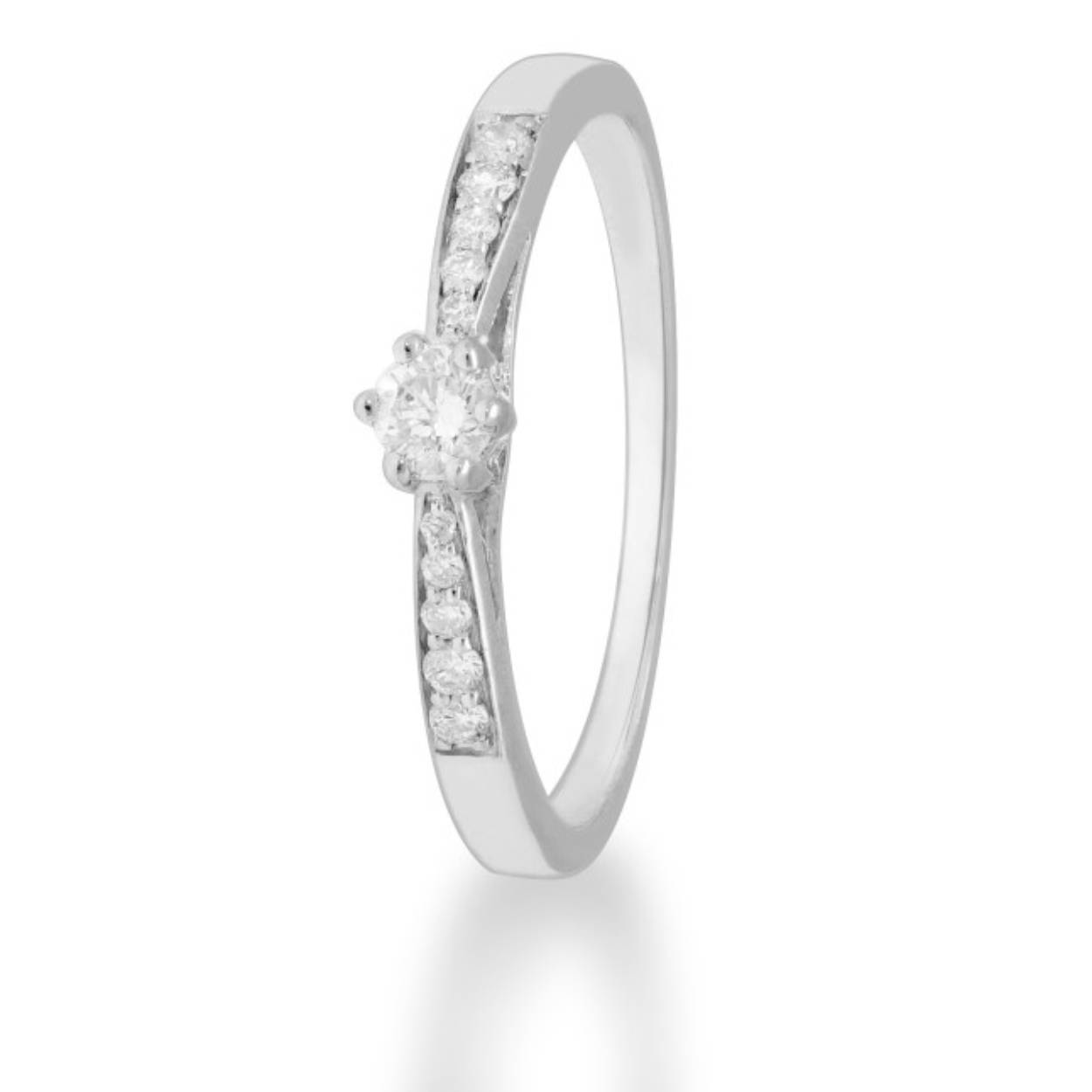 Witgouden ring met een middensteen van 0.10 crt met aan beide zijden 5 diamanten in de band gezet.