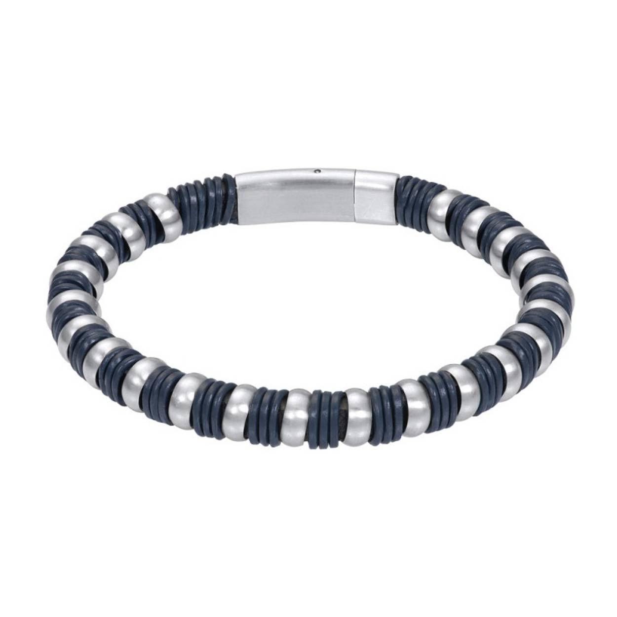 De iXXXi Men armband Logan bestaat uit een combinatie van mat zilverkleurige stalen en blauwkleurige details. De combinatie van deze kleuren geven het design van de armband een speels effect.