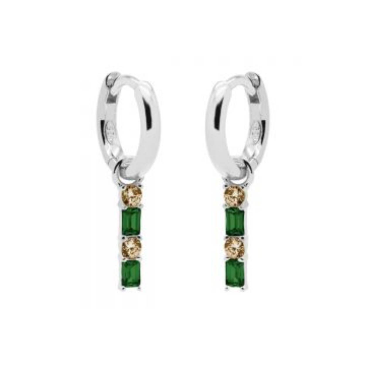 Hinged Hoops Double Zirconia Square Baguette EMERALD Silver