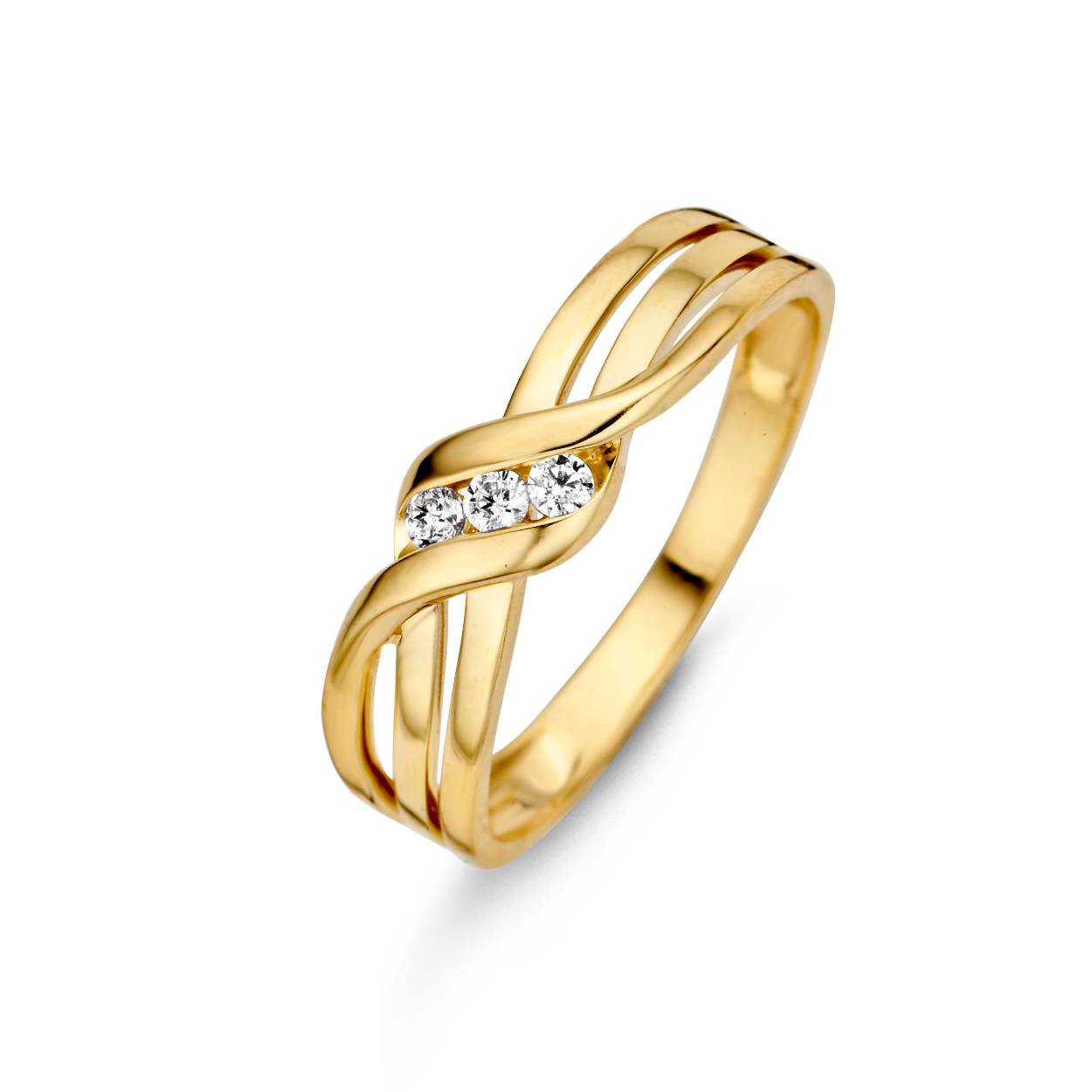 14 karaats geelgouden ring met zirkonia's maat 18 en verkrijgbaar in diverse andere maten