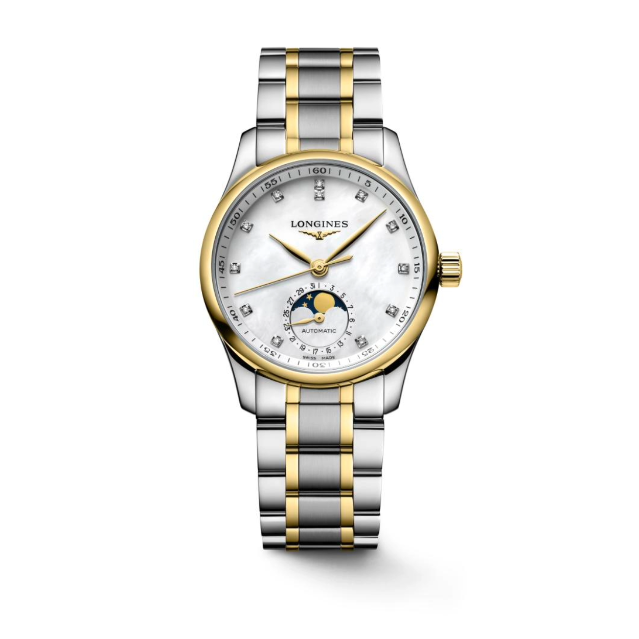 Dit Longines horloge behoort tot de The Longines Master collection.
Referentienummer: L2.409.5.87.7

De Longines is voorzien van een automatisch kaliber L899 uurwerk met een gangreserve van 72 uur. De kast en band zijn gemaakt van roestvrij staal met 18 karaats geelgouden cap. Het horloge heeft een diameter van 37 mm en is getest op een waterdichtheid van 3 ATM / 30 meter. Het horloge is voorzien van een maanfase met datumaanduiding op 6 uur, en op de witte mother of pearl wijzerplaat schitteren 12 top-wesselton VS-SI diamanten met een totaal van 0.55ct. Het horloge heeft een krasbestendig saffierglas met meerdere lagen anti-reflecterende coating aan beide zijden

Horloges van Longines met automatische uurwerken genieten van een verlengde fabricagegarantie van 5 jaar. Deze langere garantieperiode onderstreept de uitzonderlijke kwaliteit en het vakmanschap van de automatische uurwerken van Longines.

