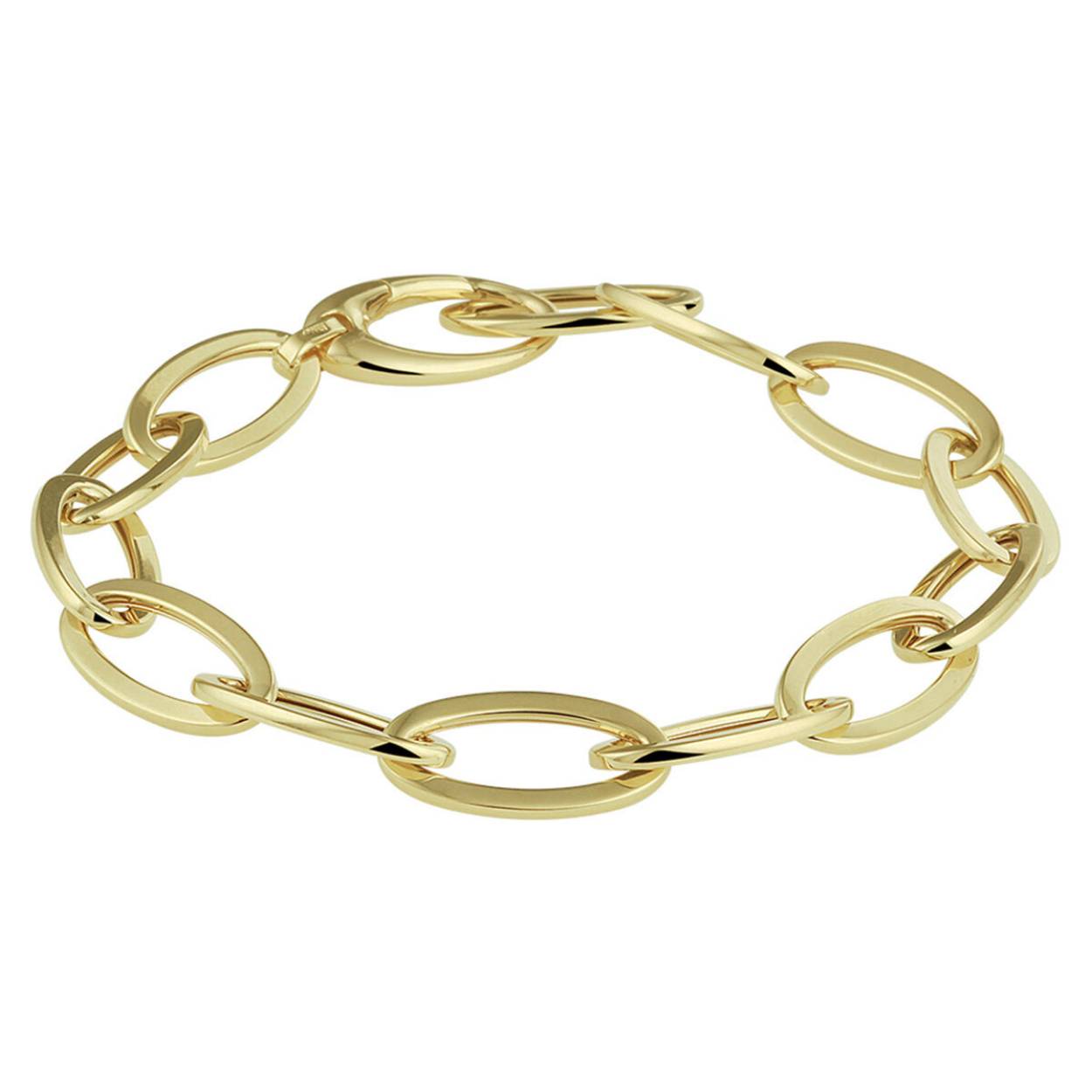 Deze armband met holle schakel zorgt voor een fantastische en moderne look. De 14k geelgouden schakel is 8,5mm breed. De lengte van de armband is 19 cm, de karabijnsluiting heeft de vorm van de schakels en zorgt dat de armband goed en stevig sluit.
