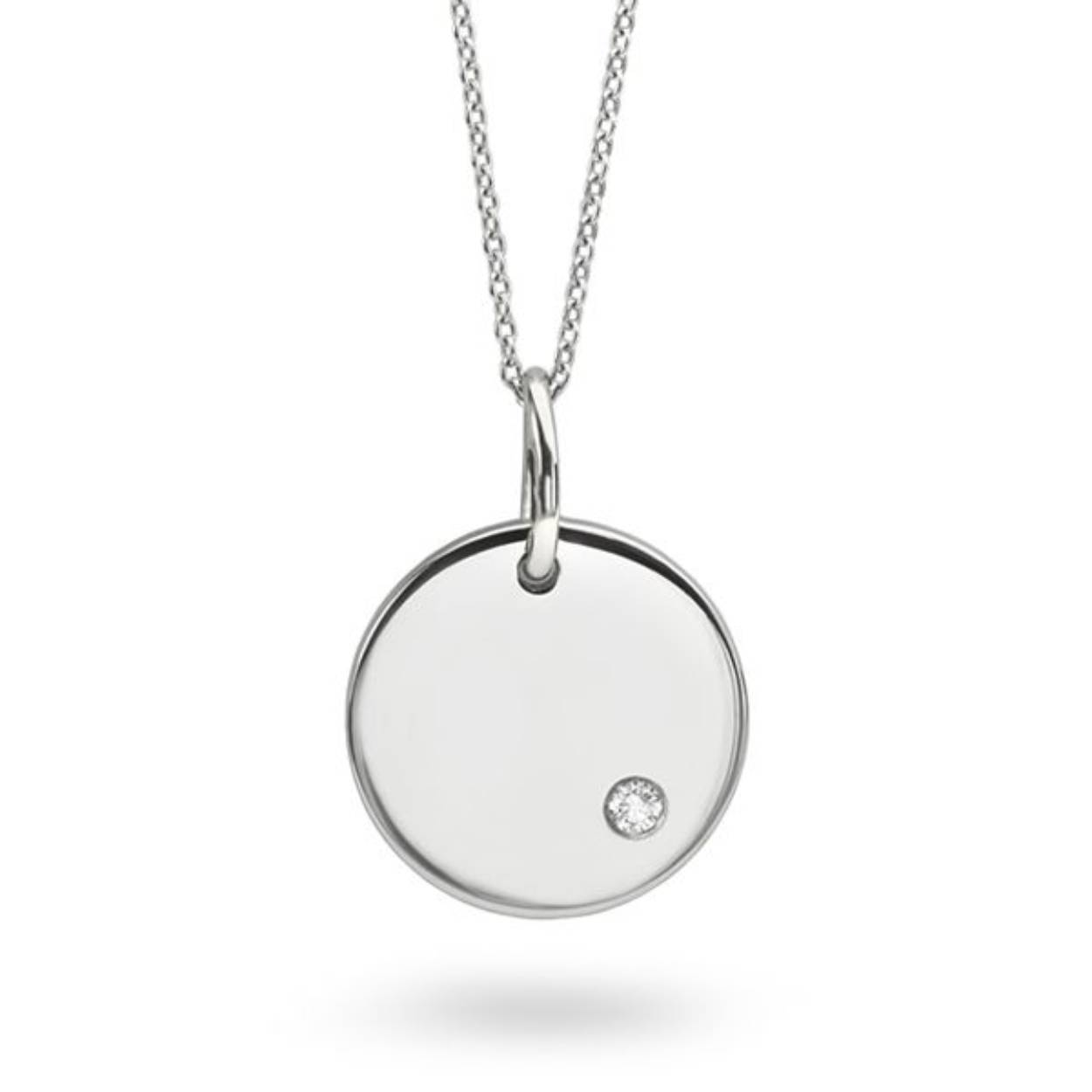 14k witgoud ankercollier met hanger Disc, bezet met 1 diamant. De hanger kan ook gegraveerd worden.
