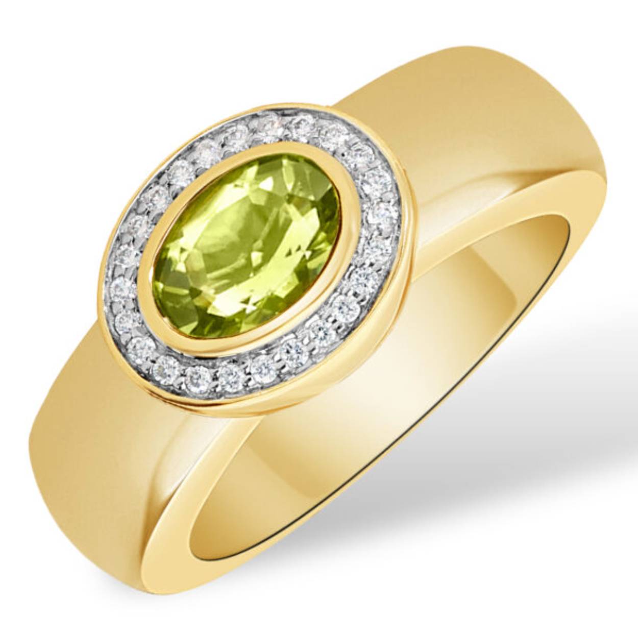 Deze gouden ring, modelnummer GBG0050, is een schitterend sieraad met 24 briljantgeslepen diamanten van SI1 zuiverheid, elk met een gewicht van 0.09 karaat en een prachtige G-kleur. Verder versierd met peridoten. Met maat 66 is deze ring ideaal voor speciale gelegenheden of als blikvanger bij je dagelijkse outfit. Draag hem om je stijl elegant te verrijken.
