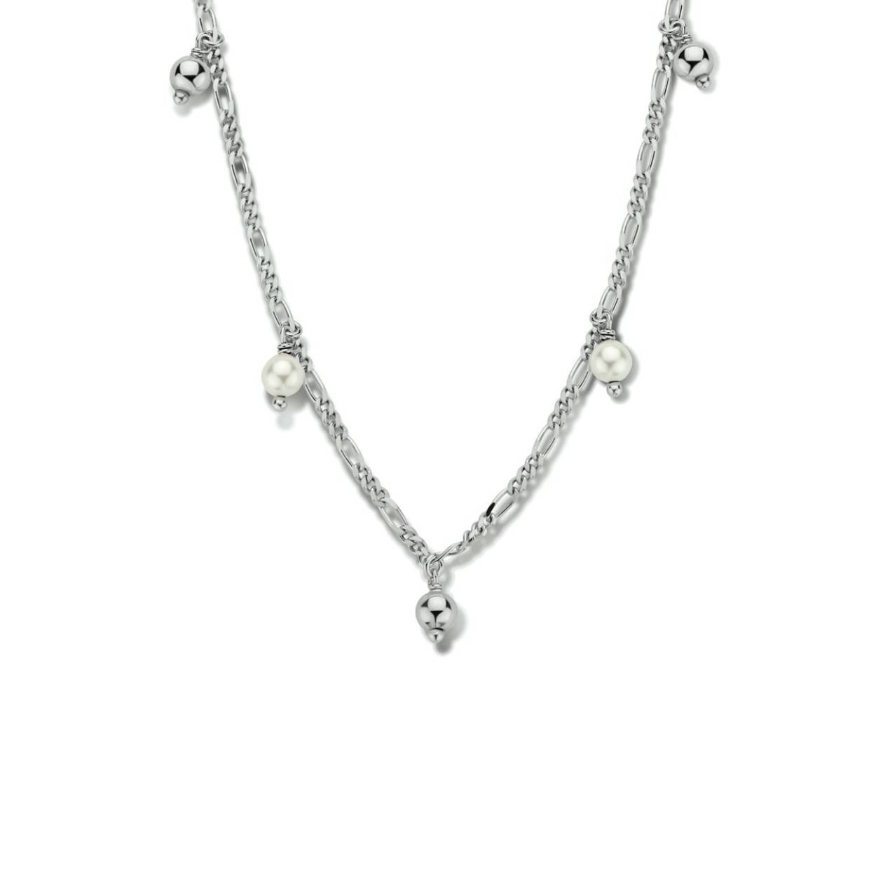Gerhodineerd 925 zilveren collier uitgevoerd met zoetwaterparels. Het collier heeft een draaglengte van 40cm met een extensie van 4cm en een stevige karabijn sluiting.