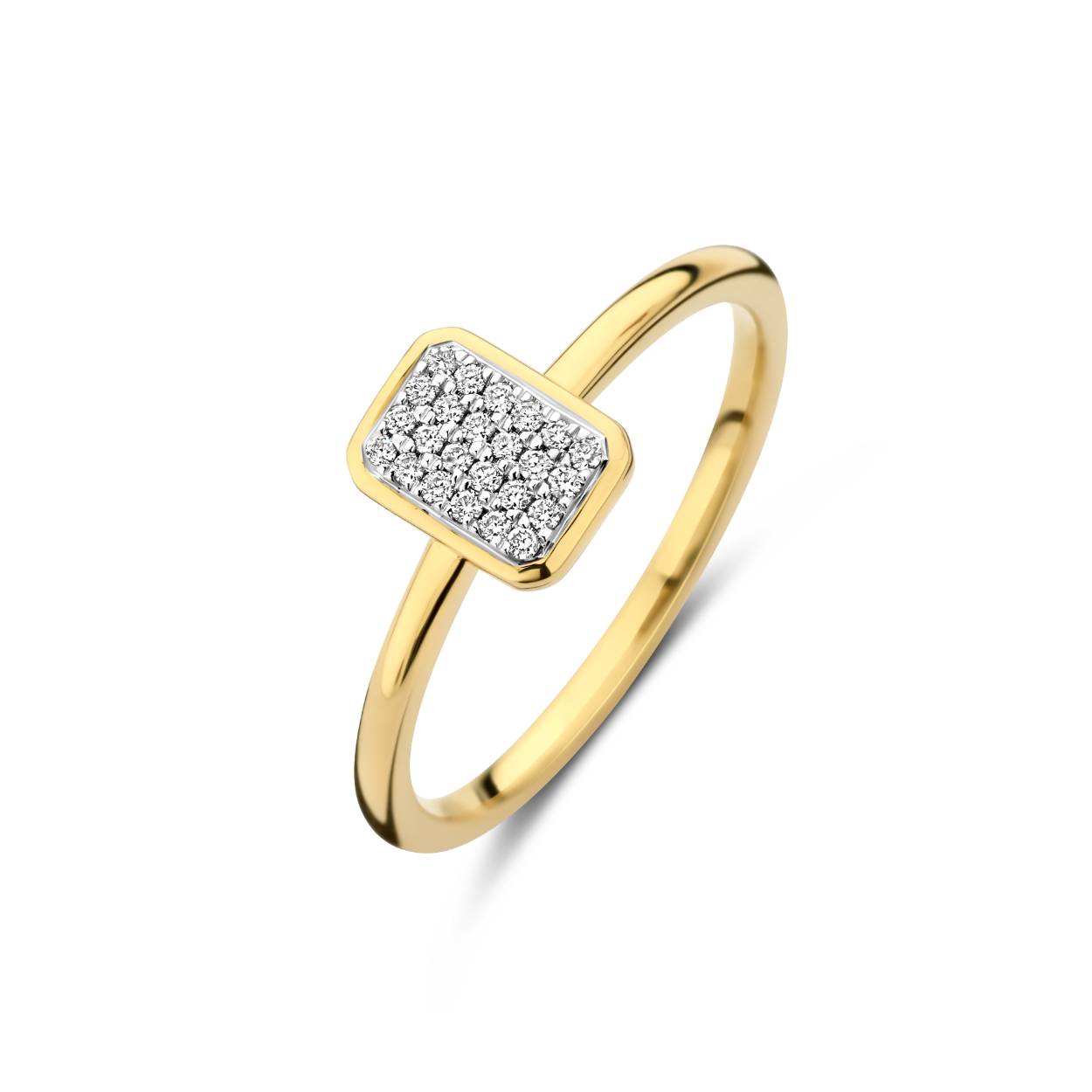 14 krt geelgouden ring met briljantgeslepen diamant pavé gezet in witgoud. Model Cato rechthoek