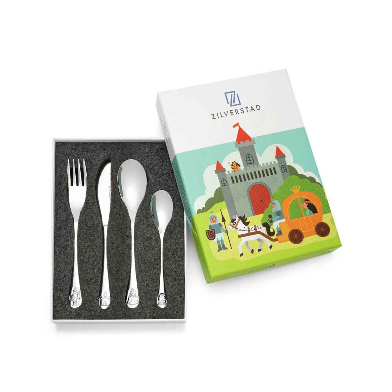 Eten wordt nóg leuker met dit 4-delige kinderbestek met als thema Ridders en Prinsessen. Het bestek bestaat uit een mes, vork, lepel en paplepeltje, is gemaakt van hoogwaardig 18/10 roestvrij staal en kan gegraveerd worden. Het kan gereinigd worden in de vaatwasser. Wel zo handig! De kleurrijke verpakking maakt het bestek uitermate geschikt om te cadeau te geven.