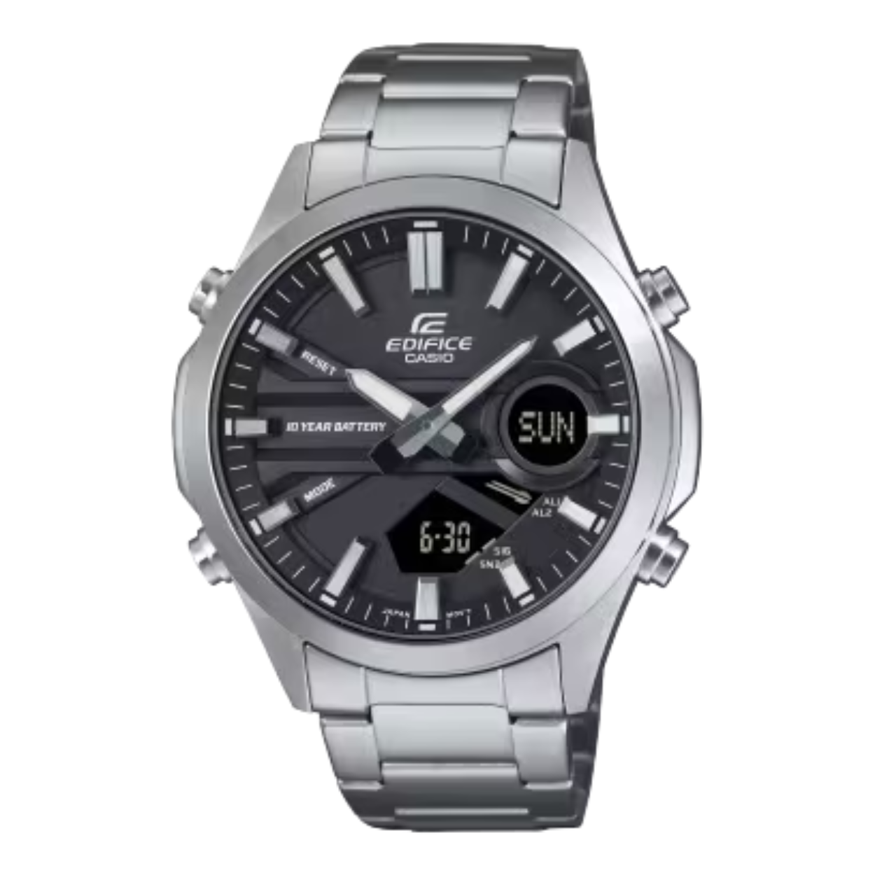 Geef jezelf de vrijheid om te focussen op het leven. Koop de EFV-C120, een analoog-digitaal combinatiehorloge met een batterij die 10 jaar meegaat, zodat je er tijdenlang geen omkijken meer naar hebt. De EFV-C120 gaat verder waar de EFV-C110 was gebleven, met alle voordelen van een analoog-digitaal combinatiehorloge en een batterij met een lange levensduur, maar in een nog compacter, gestroomlijnder ontwerp. Geniet van een scala aan functies, zoals wereldtijd, stopwatch, alarm, afteltimer en waterbestendigheid tot 10 bar.