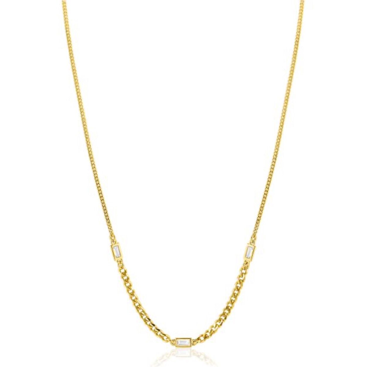 ZINZI gold plated zilveren ketting met gourmet schakels in verschillende breedtes, gecombineerd met drie rechthoekige baguette geslepen zirconia's 42-45cm ZIC2410