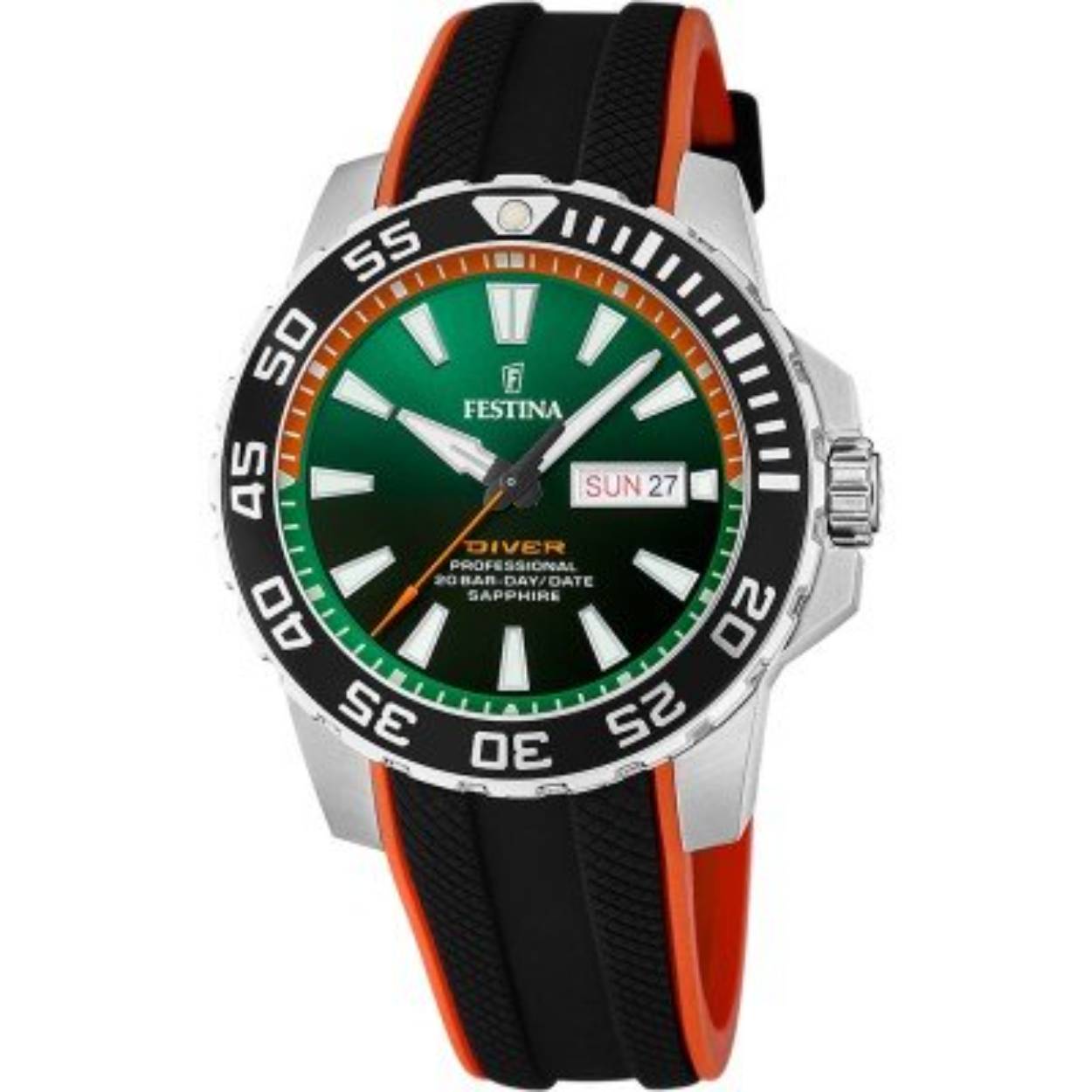 "DE ORIGINELE DUIKER" Het Festina Diver-horloge heeft hoogwaardige functies.
De betaalbare prijs maakt het een uitstekende optie voor mensen die op zoek zijn naar een hoogwaardig sporthorloge met SAFFIERGLAS en Diver 200 meter.
Dit Festina uurwerk bestaat uit een kast uit roestvrij staal en een silicone band 
De wijzerplaat heeft een datum en dag aanduiding en is afgewerkt met kleurige accenten
De waterdichtheid is 20 Atm. Dit betekent dat u er mee kan zwemmen.