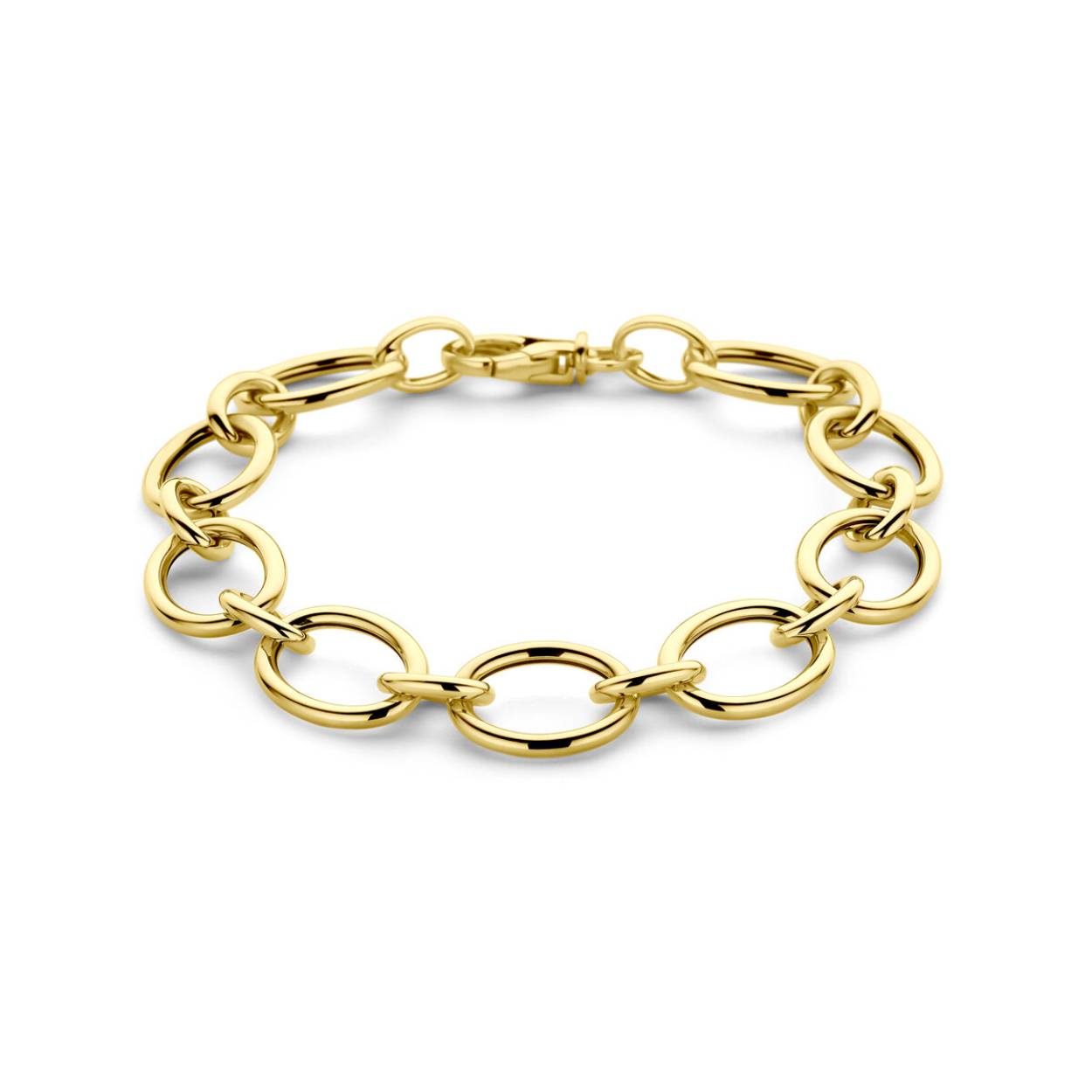 14k Geelgouden armband uitgevoerd met een karabijn sluiting. Deze armband heeft een draaglengte van 19cm. De schakelbreedtes zijn 7.7mm en 12mm.