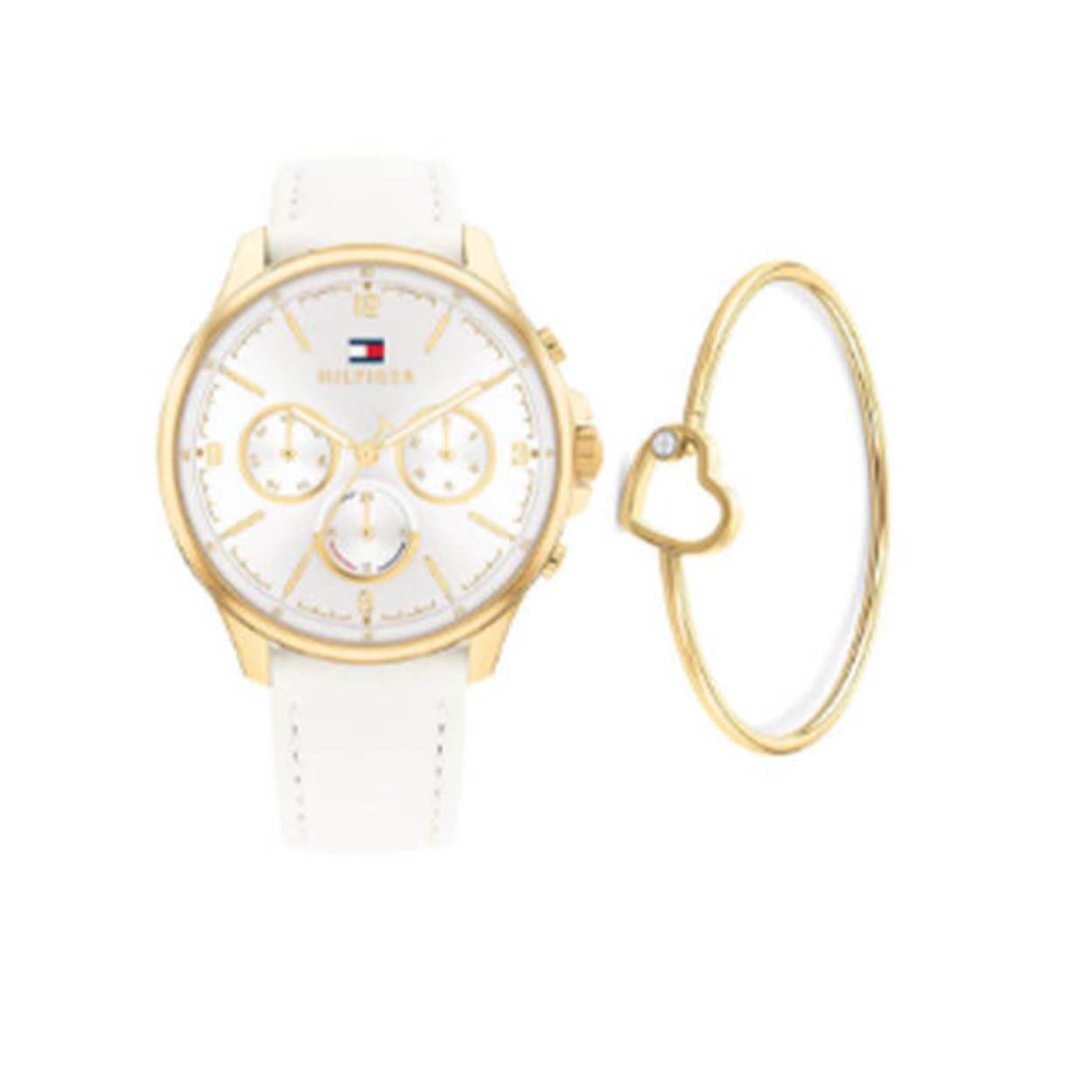 Tommy Hilfiger horloge Giftset Scarlet. Dit goudkleurig horloge heeft een witte leren band. Bij dit Giftset zit een goudkleurige spang armband met hart