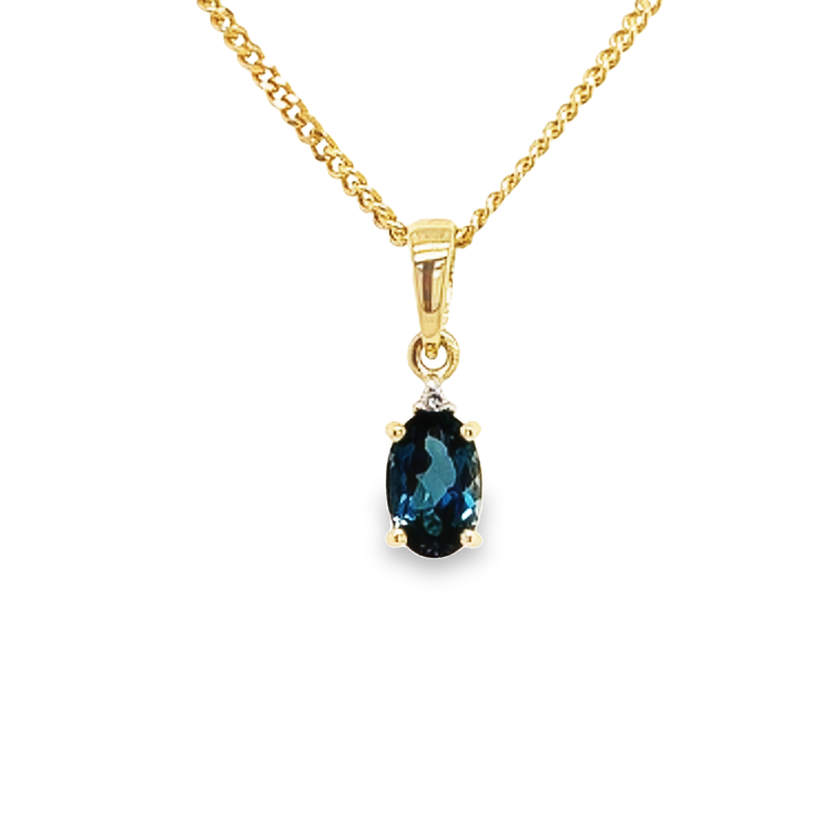 Deze geel gouden hanger bevat een schitterende London Blue Topaas. De kleursteen is gezet tussen vier gouden zetpoten met daarboven een klein diamantje. Een prachtige subtiele hanger voor een kleurrijke gelegenheid.

Note: het kettinkje hoort niet bij de hanger, deze is enkel gebruikt voor de foto.
