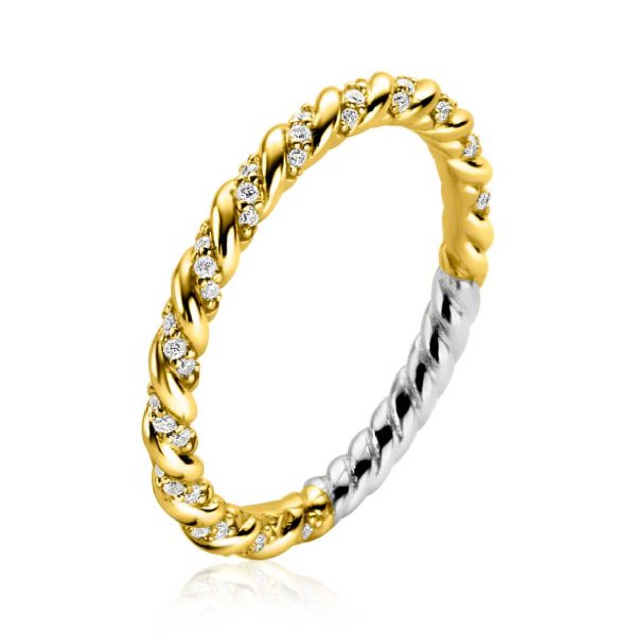 ZINZI gold plated zilveren ring, waarbij een gladde band en een band bezet met witte zirconia's met elkaar verweven zijn. Ook als aanschuifring te mixen met andere ringen aan de vinger. Vervaardigd van eerste gehalte zilver (925) en voorzien van een extra 14K geel vergulding.