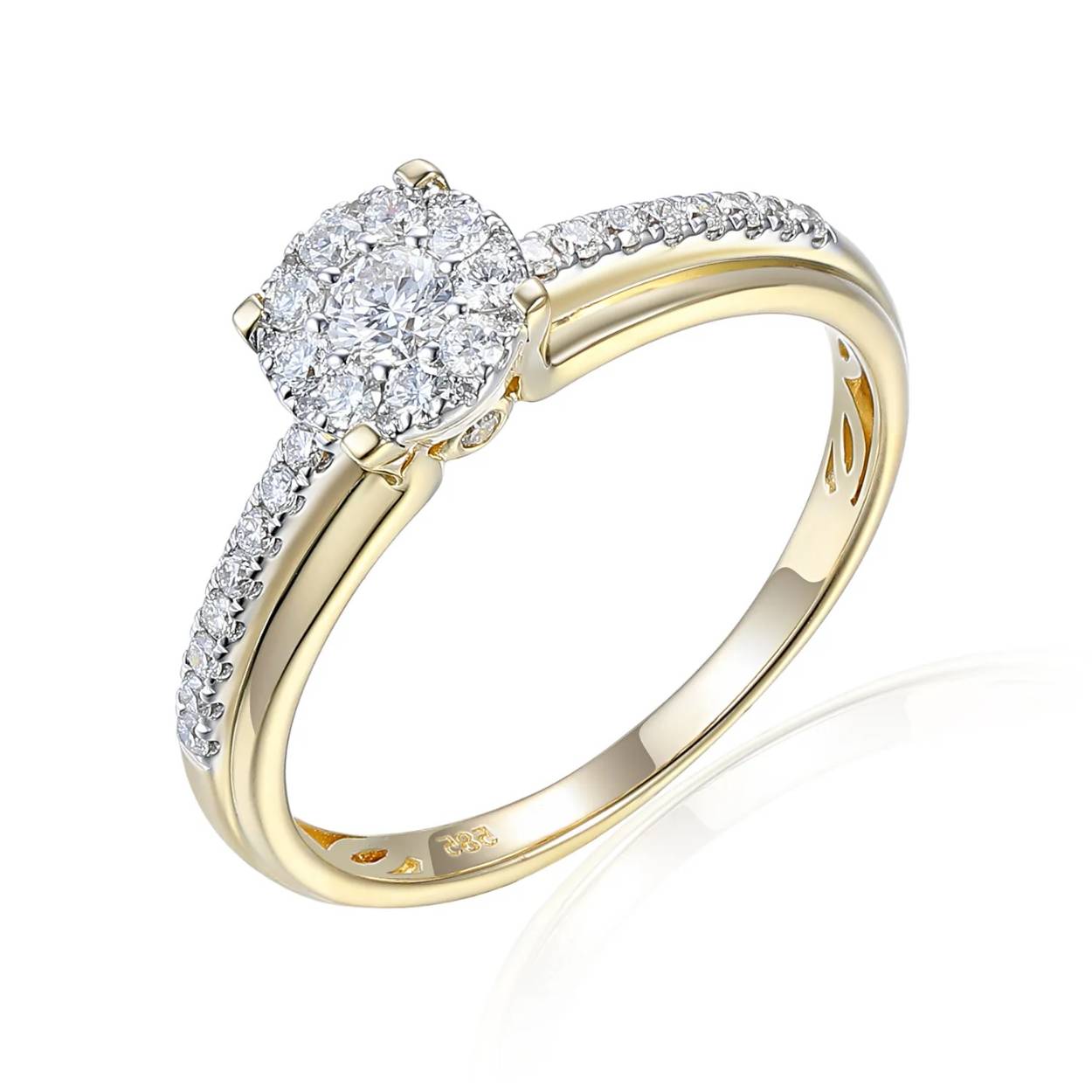 Pas Diamonds Cluster Solitairring Geelgoud GGE1100-175
Diamant: 1-0.13/36-0.34 Crt.
Goudgehalte: 14 Krt Geelgoud.