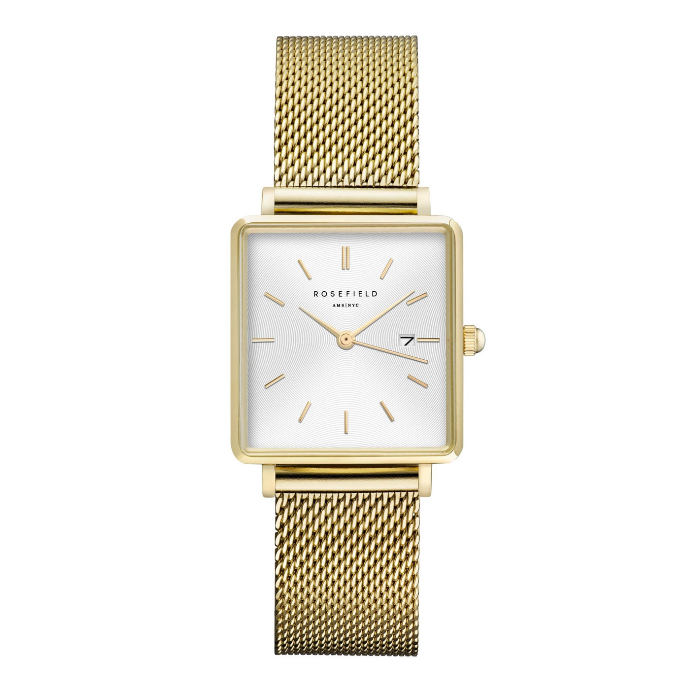 De Rosefield Boxy Mesh QWSG-Q03 is een stijlvolle horloge met een analoge wijzerplaat en kwartsbeweging. Het goudkleurige, vierkante roestvrijstalen horloge is anti-allergisch en spatwaterdicht (niveau 3). Voorzien van een datumaanduiding en een elegante Milanese mesh-band. Perfect om dagelijks te dragen en te combineren met zowel casual als zakelijke outfits.
