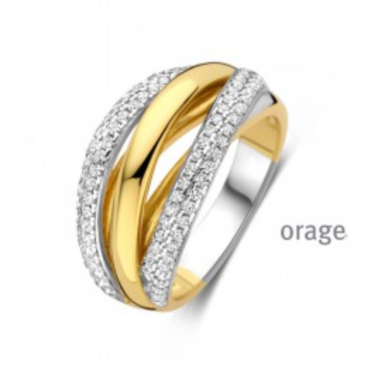 De ring is in plaque en gezet met zirkonium. Het model is breed en open . (R6701)