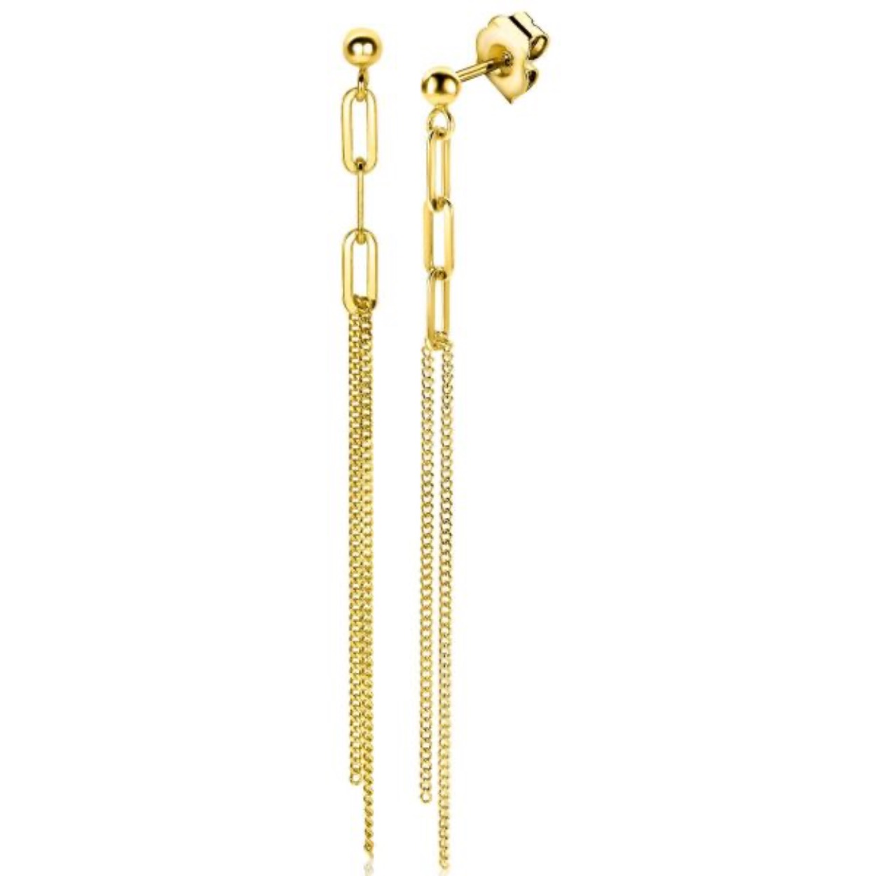 Zilveren oorstekers 14K geelgoudverguld met 3 paperclip hangers en een dubbele ketting van fijne gourmet schakels. Deze lange oorsieraden van 85 mm maken je outfit helemaal af en laten zich uitstekend combineren met het bijpassende collier.