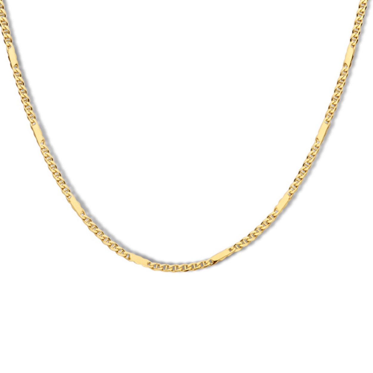 14k Geelgouden valkenoog collier. Het collier heeft een draaglengte van 45cm, een schakelbreedte van 1.9mm en een karabijn sluiting.