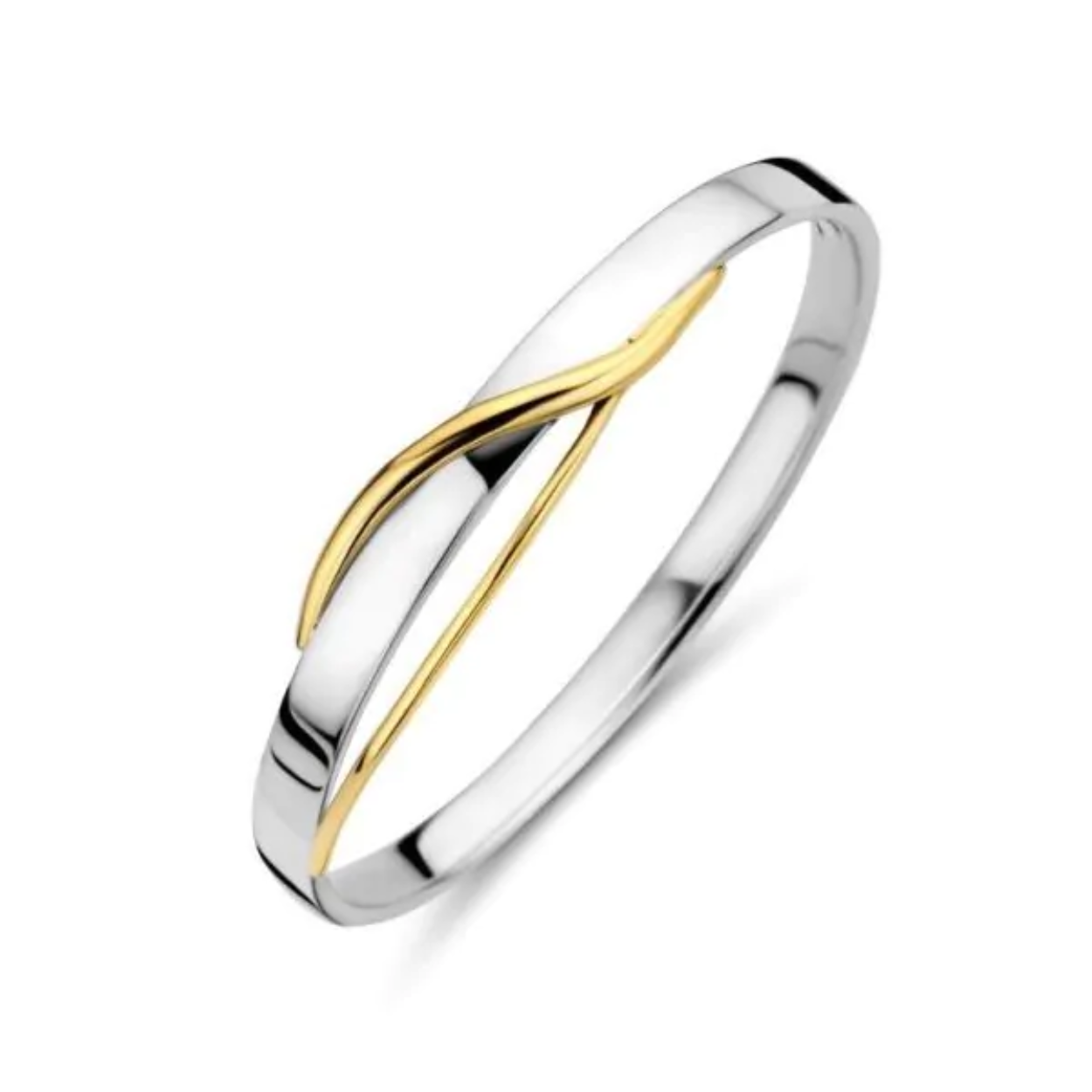 Omschrijving
 
Een zilveren met 14 kt. witgouden slavenarmband van het Nederlandse sieradenmerk Engi.