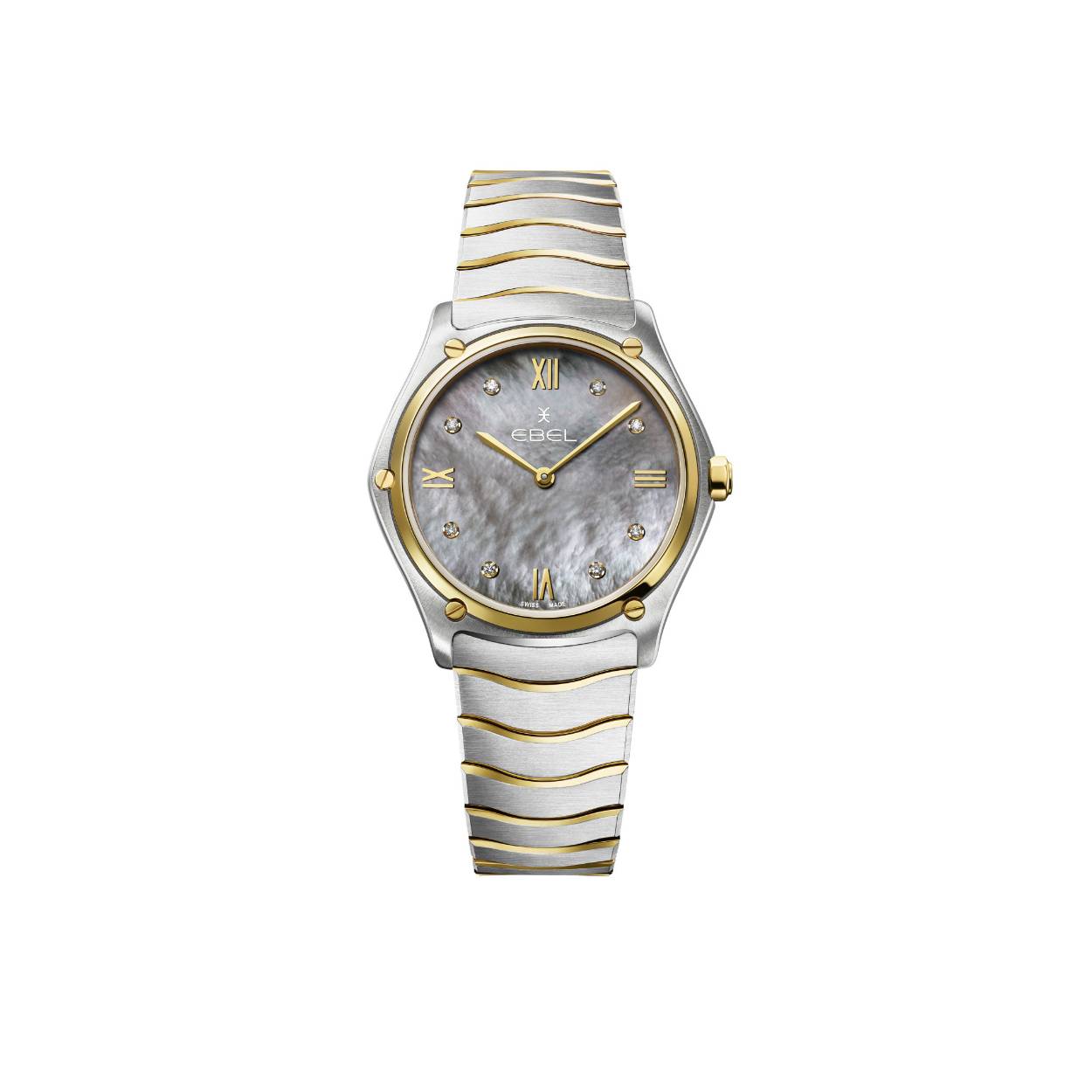 Een schitterend dames EBEL Sport Classic 1216648 horloge. Het horloge heeft een roestvrij staal en 18K geelgouden kast voorzien van 8 diamanten (0.052ct) met een diameter van 33mm. Het horloge is voorzien van een prachtige grijze parelmoeren wijzerplaat met diamanten indexen. Het horloge heeft saffierglas met antireflecterende behandeling eronder. Aan de kast zit een tweekleurige roestvrijstalen wave schakelband met vouwsluiting. Het horloge wordt aangestuurd door een Zwitsers quartz uurwerk.