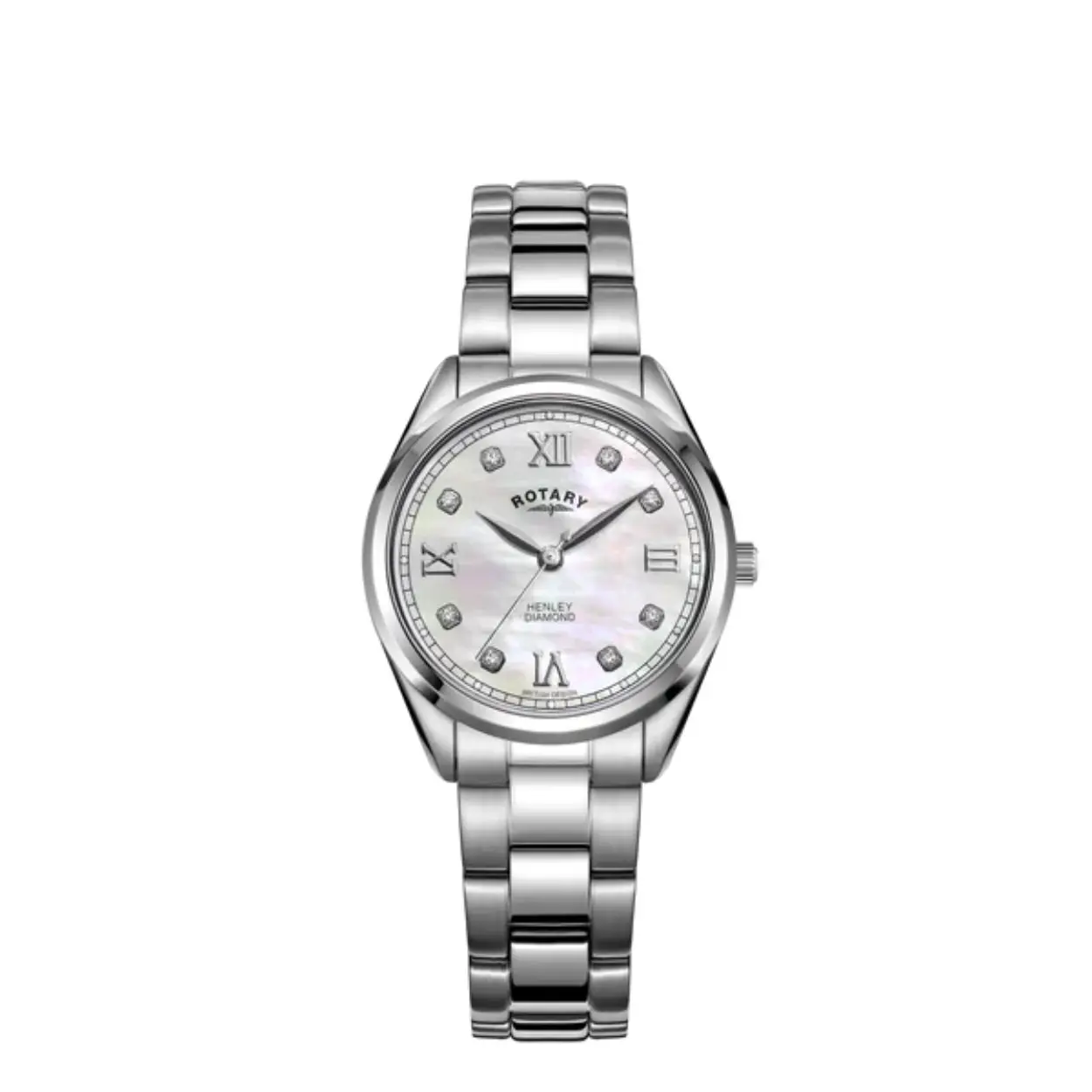 An elegant example of contemporary design paired with traditional craftsmanship, this ladies watch from our Henley collection is vibrant and versatile. Built with a sturdy 30mm Stainless Steel case, the watch is powered by a high quality quartz movement. 8 diamond hour markers and Roman numeral quarter hour markers add an element of undeniable glamour, whilst the 3-link Stainless Steel bracelet delivers a powerfully simple statement. A shimmering pink mother of pearl dial delivers an extra element of luxurious styling and perfectly complements the diamond hour markers. Water resistant to 50m and featuring flat scratch-resistant sapphire glass to keep you watch protected in times of activity, this Rotary adapts to the modern woman.