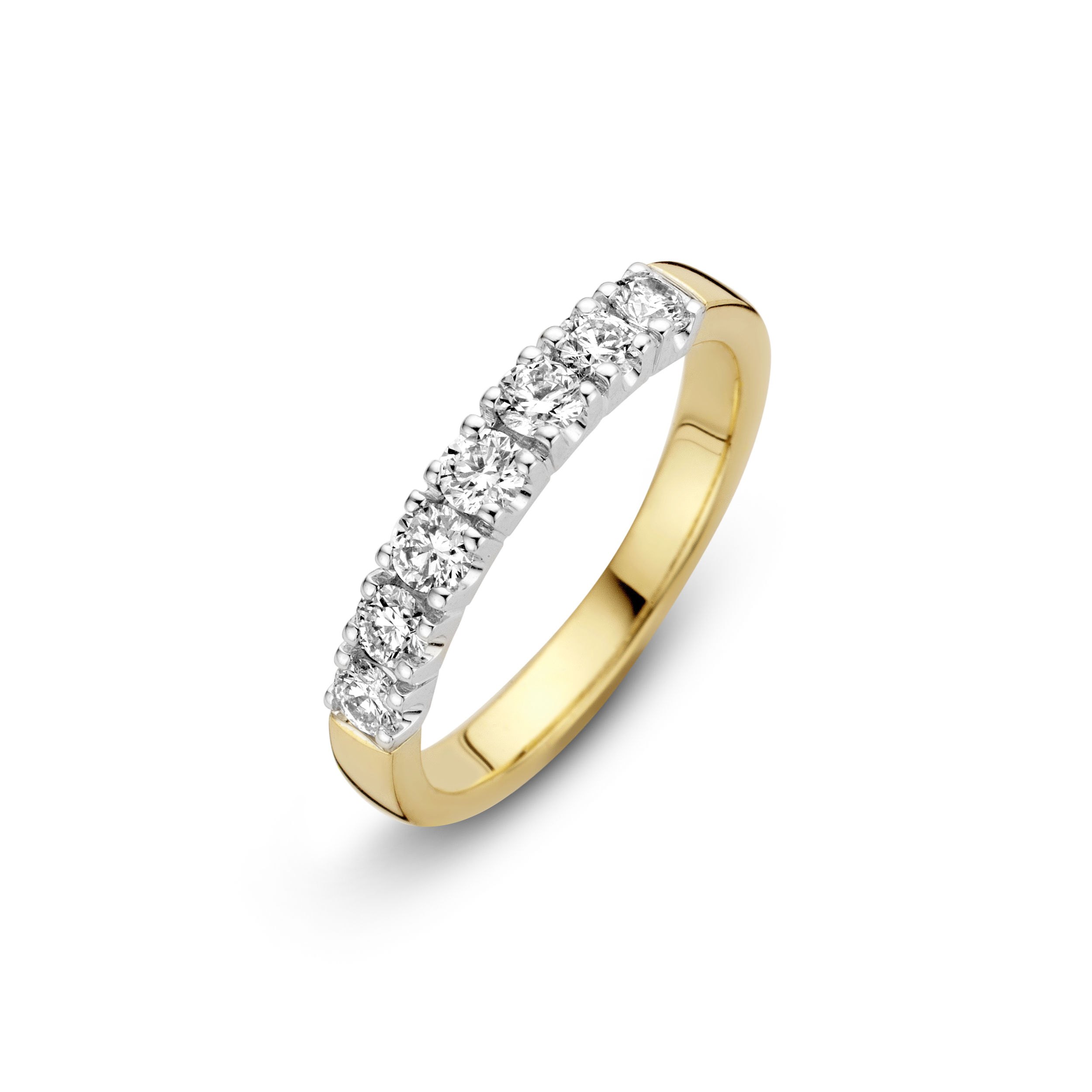 14 karaats gouden damesring met 9x0.05 crt 
Deze memoria ring kan al worden geleverd met 
1 steen met de mogelijkheid om er op een later moment
stenen bij te plaatsen.
Totaalgewicht van de stenen zoals afgebeeld is 0.45 crt.
