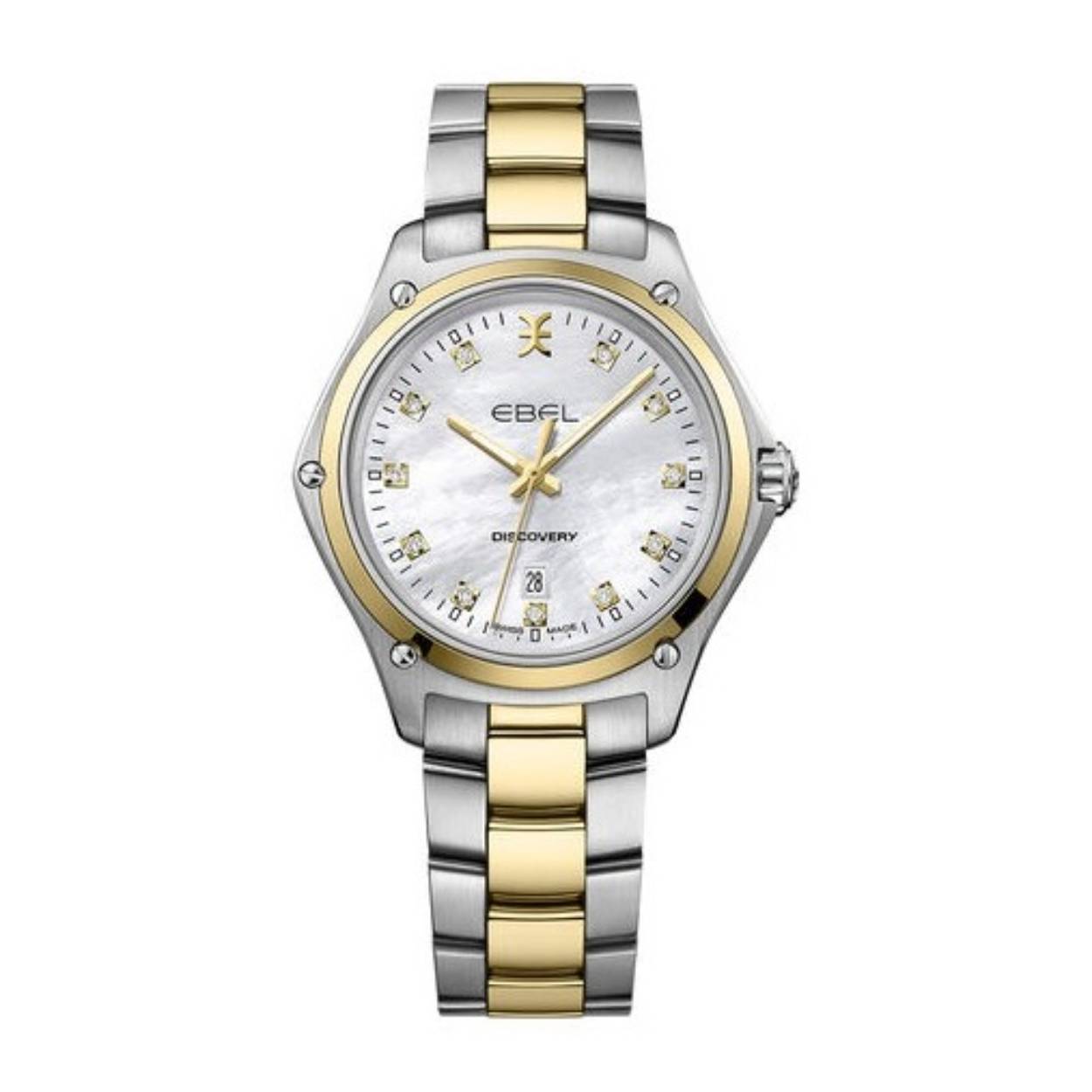 Ebel herdenkt met de Ebel Discovery een sportief icoon van het Zwitserse horlogehuis uit de jaren 70. De nieuwe, moderne Ebel Discovery heeft een sportief uiterlijk met een zeer elegante uitstraling. De behuizing wordt vastgehouden met vijf opvallende, functionele schroeven die bijdrage aan een krachtig uiterlijk. Op de parelmoer wijzerplaat schitteren elf diamanten (0,072 ct.). Het horloge herbergt een Zwitsers ETA Quartz uurwerk en is waterbestendig tot 100 meter.