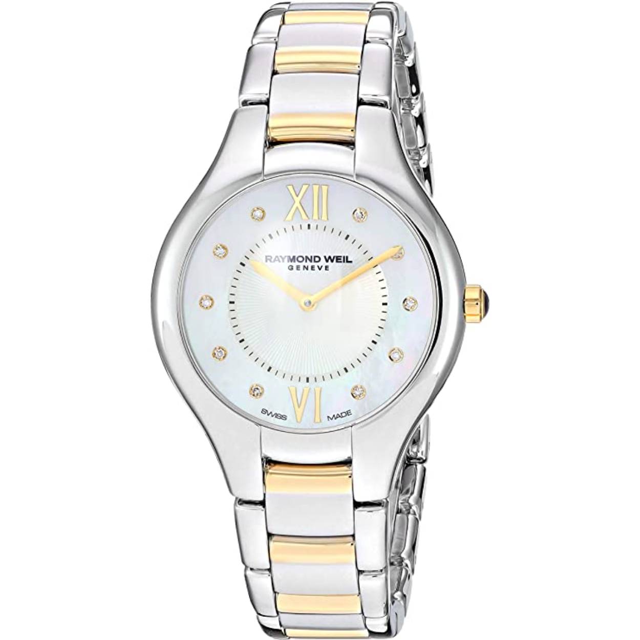 heel mooi en elegant uurwerk van Raymond Weil met parelmoer wijzerplaat en diamant als indexen.