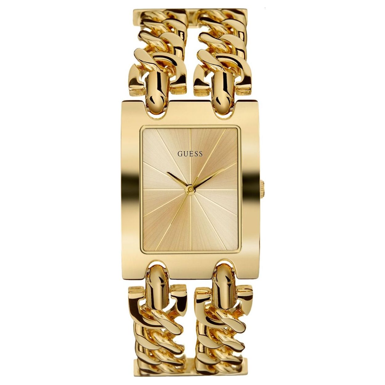 Het gouden GUESS Heavy Model is een iconisch dameshorloge binnen de GUESS collectie en valt direct op door haar aparte rechthoekige vorm en bijzondere schakelband met de unieke GUESS schakels en sluiting. De kast heeft een diameter van 30 mm en de band heeft een lengte van 18,4 cm. Dit horloge is voorzien van een G-link sluiting, dat betekend dat het horloge makkelijk verstelbaar is door schakels uit te klikken.  Model: W1117L1.