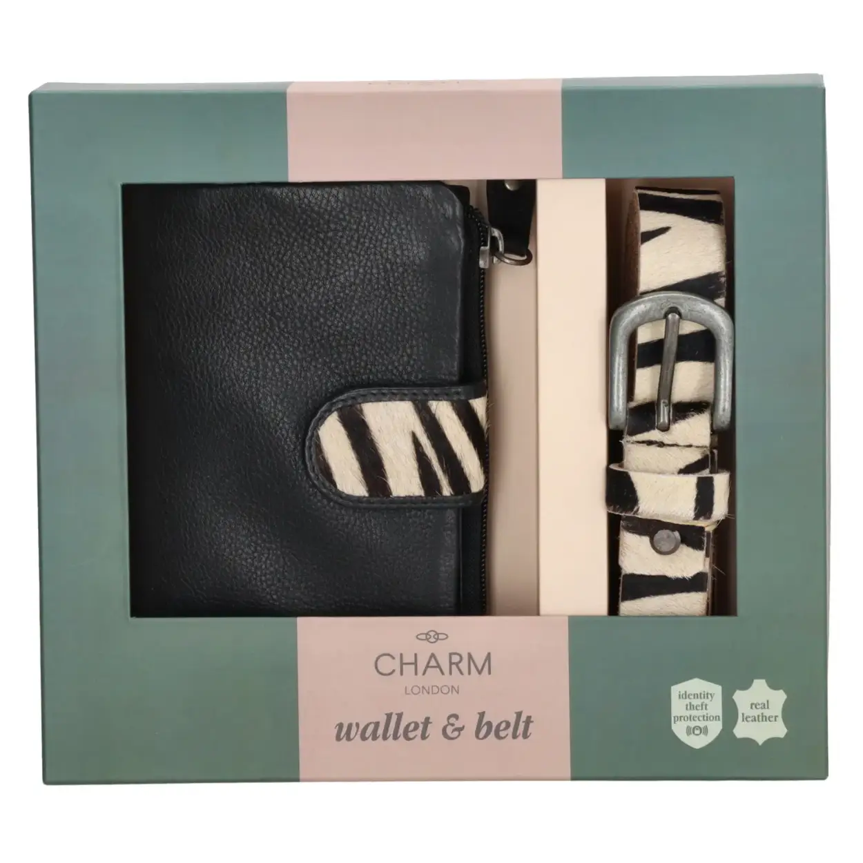Zo leuk dit cadeau set Van Charm London. Dit set bevat een leren portemonnee en een mooie leren riem met zebra print