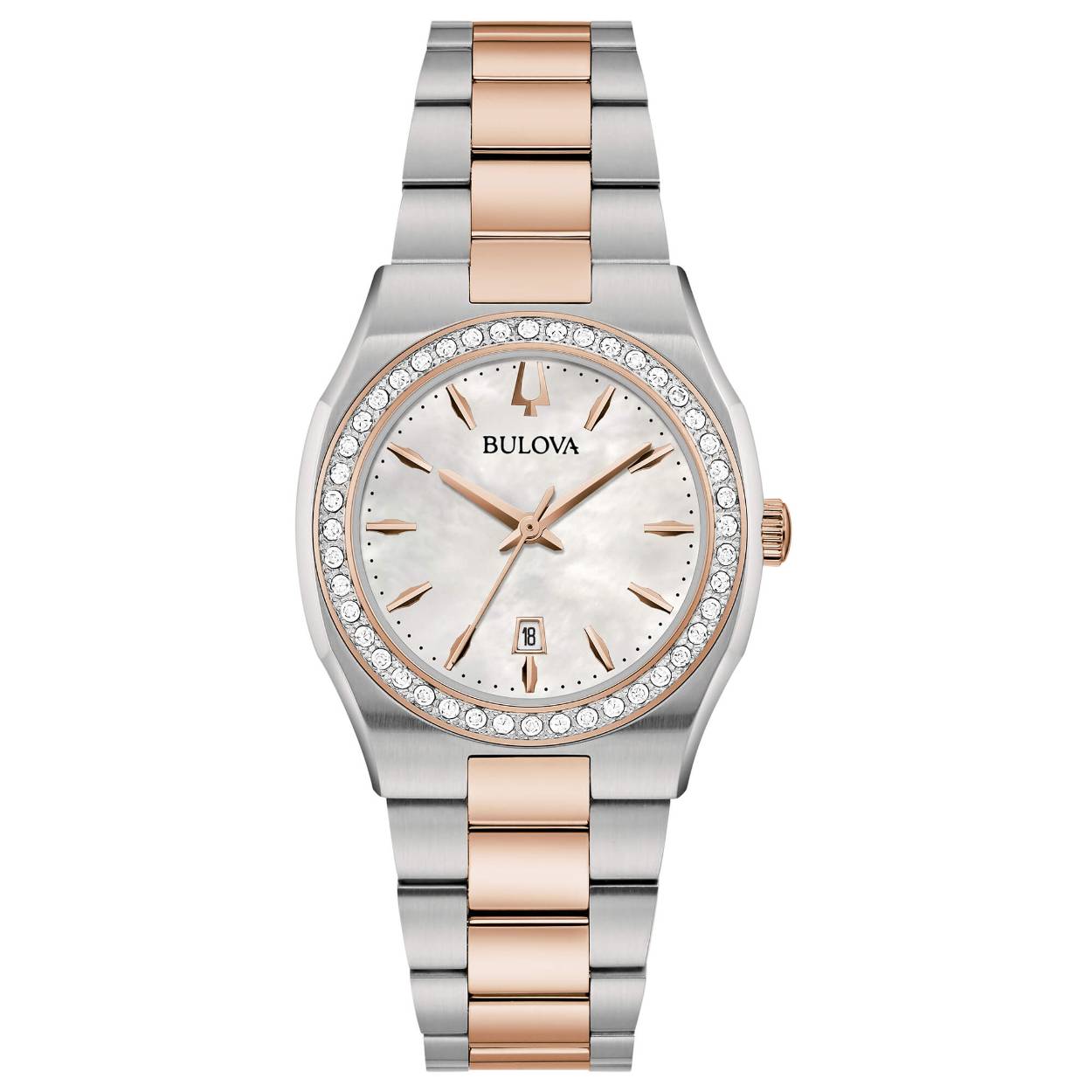 Parelmoer wijzerplaat. Staal met diamanten. Vlindersluiting. 22 diamanten op de bezel