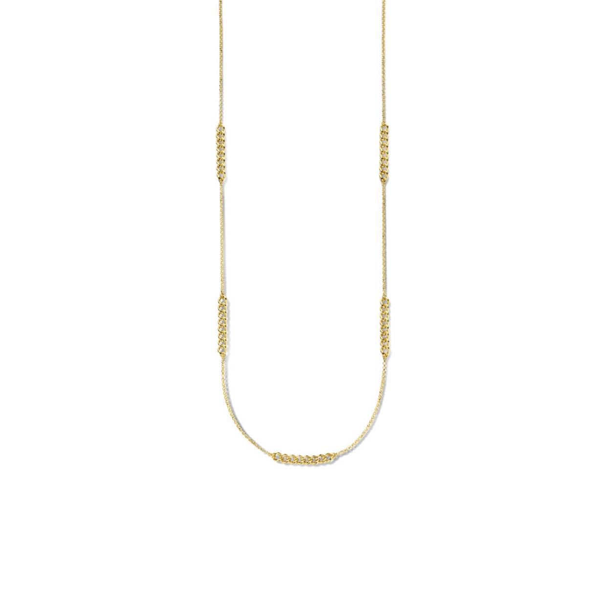 Geelgoud op 925 zilveren collier uitgevoerd met een gourmette schakel van 5.3mm, een jasseron schakel van 1.8mm en een karabijn sluiting. Het collier heeft een draaglengte van 76cm.