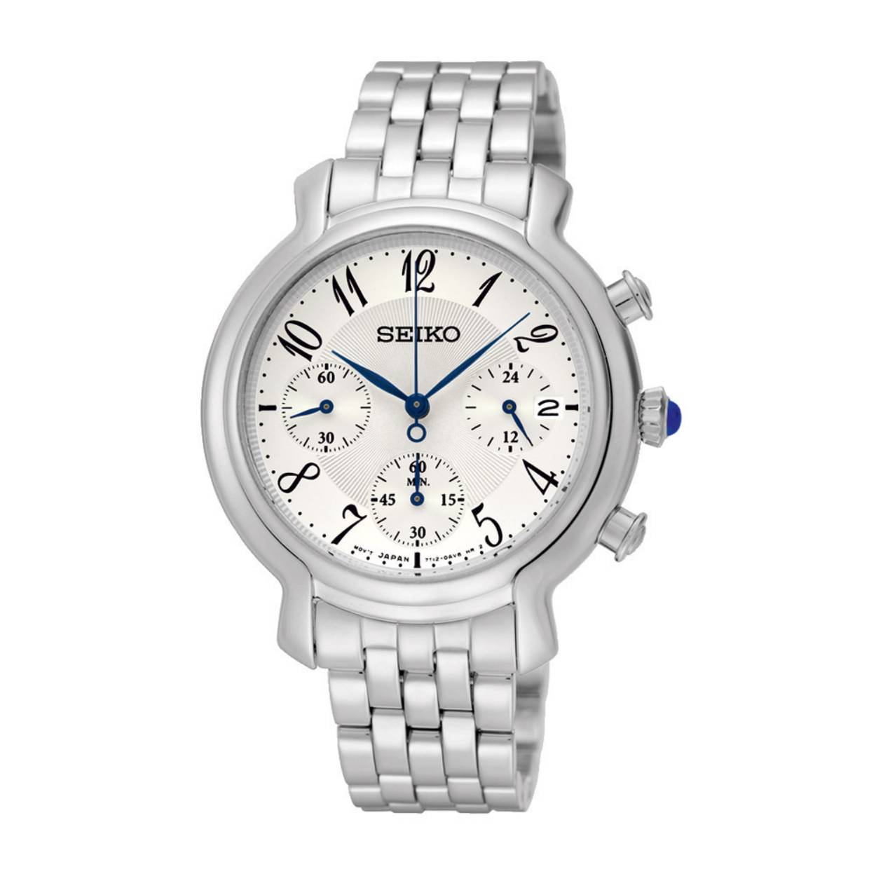 Seiko dames model.
Duidelijke cijfers, met kleine puntjes tussen de cijfers, 
24 uurs klok, sec wijzer en minuten wijzer.
witte wijzerplaat
et sportieve model met het referentienummer SRW837P1 is voorzien van een Japans Quartz-uurwerk en is gemonteerd in een hoogwaardige edelstalen horlogekast. De 11 diamanten op de witte wijzerplaat fungeren als indexen en zorgt voor een vrouwelijk en stijlvol horloge, waar de tijd op analoge wijze is af te lezen. De geschakelde horlogeband is bevestigd aan de ronde horlogekast van 36 mm., welke voorzien is van een vouwsluiting.Het model is uitgerust met een datumvenster en een chronograaf-functie, waar de seconden, minuten en de 24-uursweergave worden aangegeven. De stopwatch meet tot maximaal 60 minuten in stappen van 1/5 seconden. Het damesmodel heeft een waterdichtheid van 5 ATM (50 meter) en is voorzien van een kristallen saffierglas. Doordat het horloge een waterdichtheid van 5 ATM heeft, kan er met het horloge gezwommen en gedoucht worden, mits er geen te grote temperatuurverschillen zijn